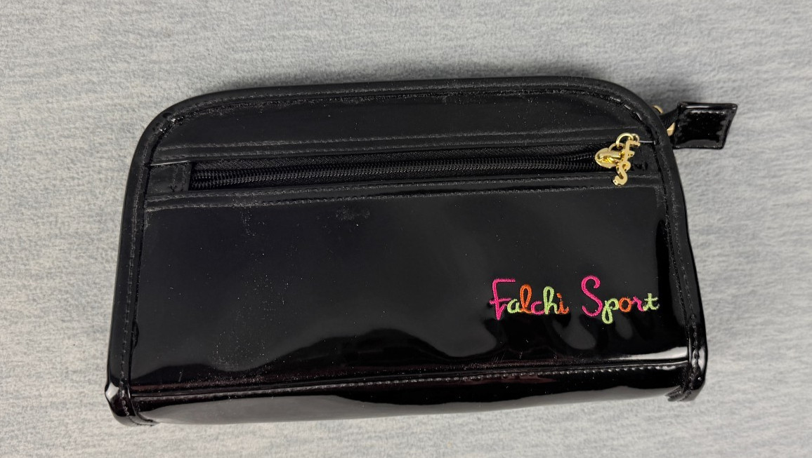 VTG Carlos Falchi Sport Cosmetic Bag Womens Black Patent Gold Logo Charm Clutch