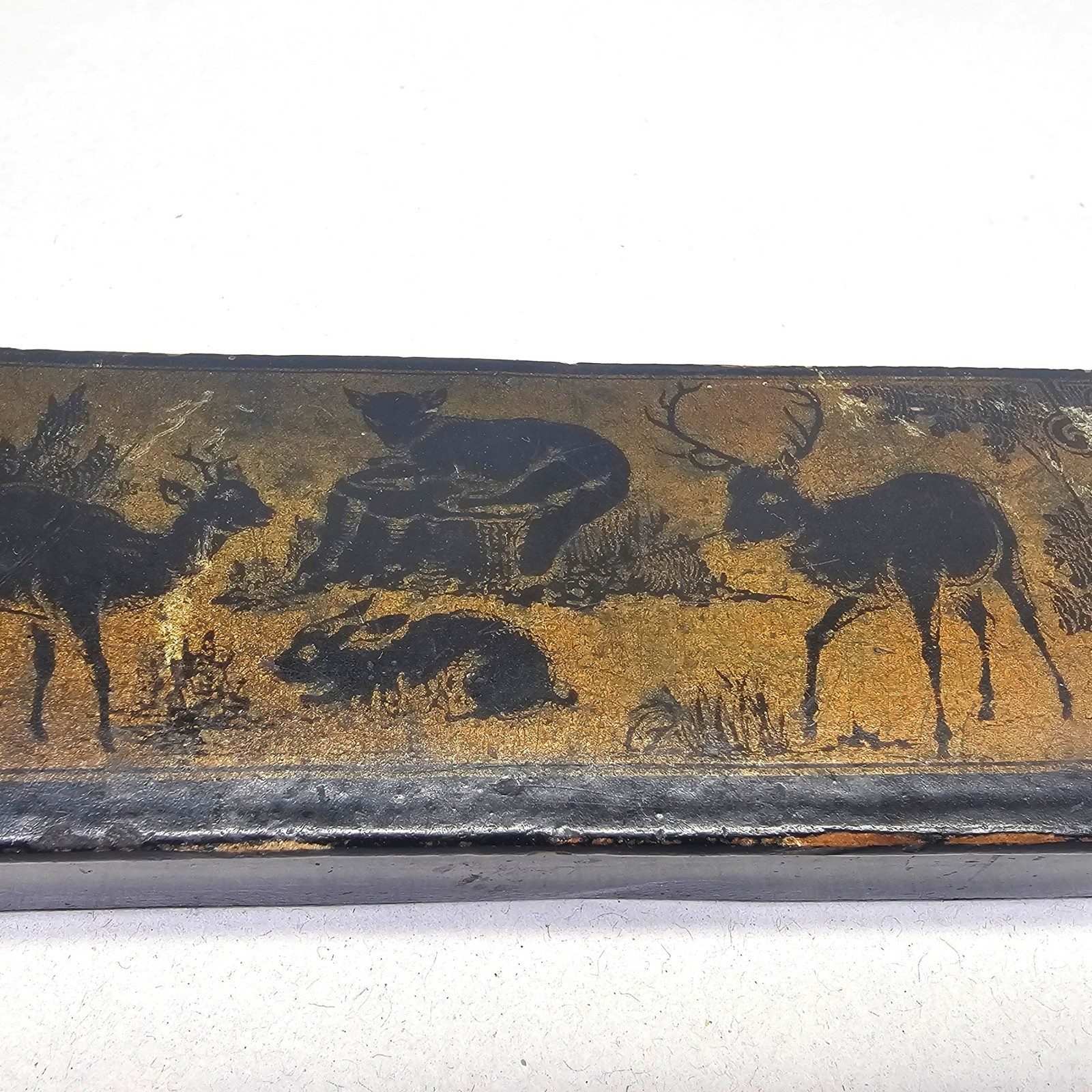 Antique Rare European Russian Lacquer Pencil Writting Box Deer Rabbit hunting