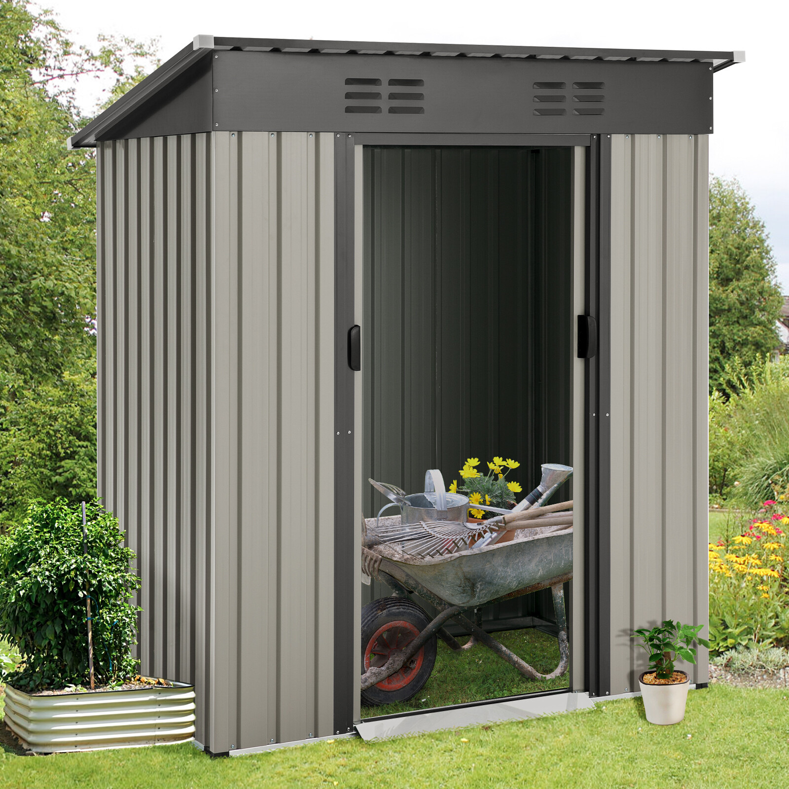 Outdoor Metal Storage Shed Tool shed Galvanized Metal Tool Shed w/ Sliding Door