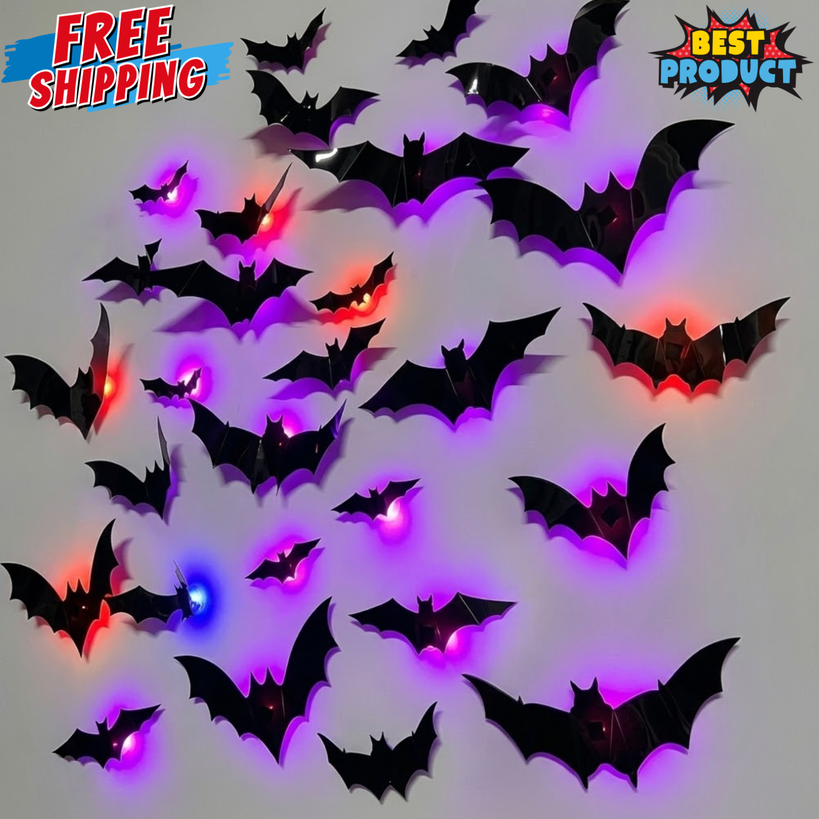 24/12pcs Halloween 3D Glowing Bat Decorations Haloween Party Scary Wall Bat Glow