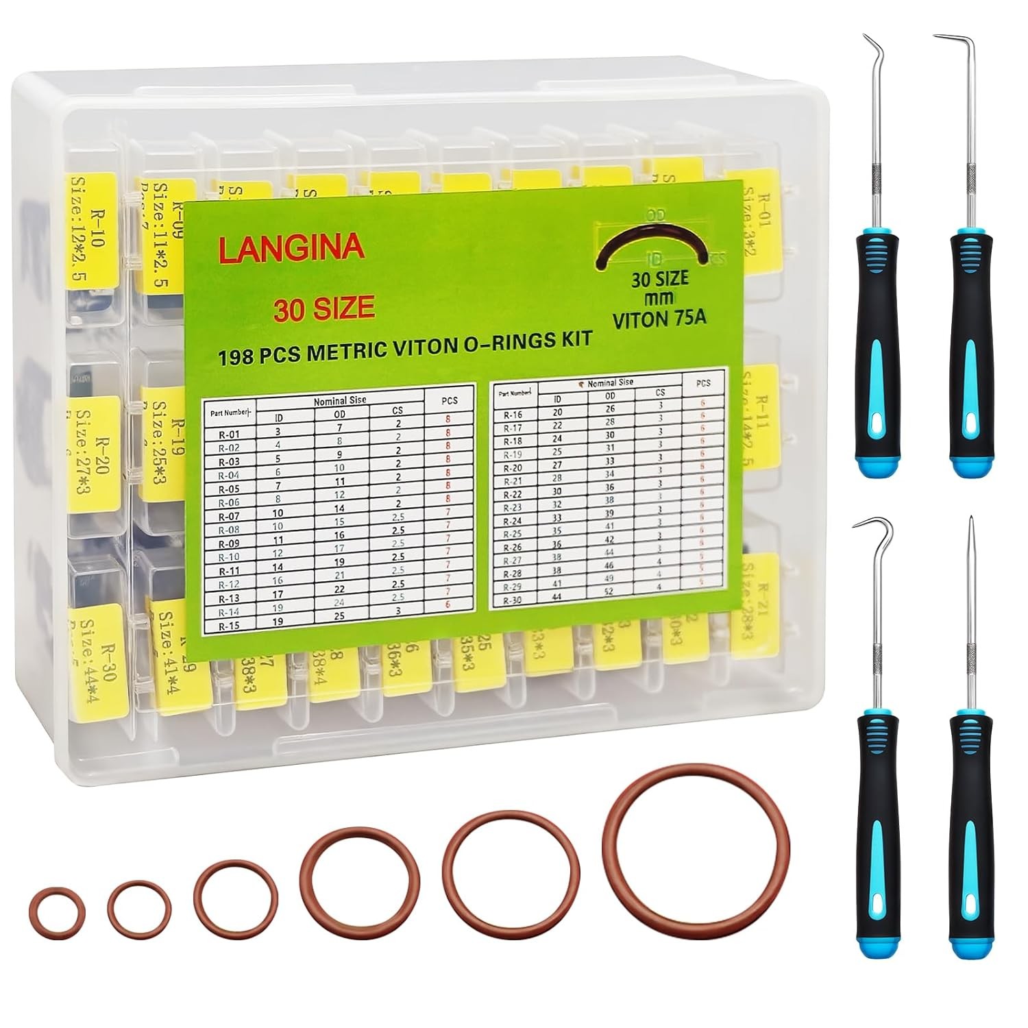 198PCS Viton O Ring Kits, 30 Sizes Metric Viton O-Rings Kit, Brown 