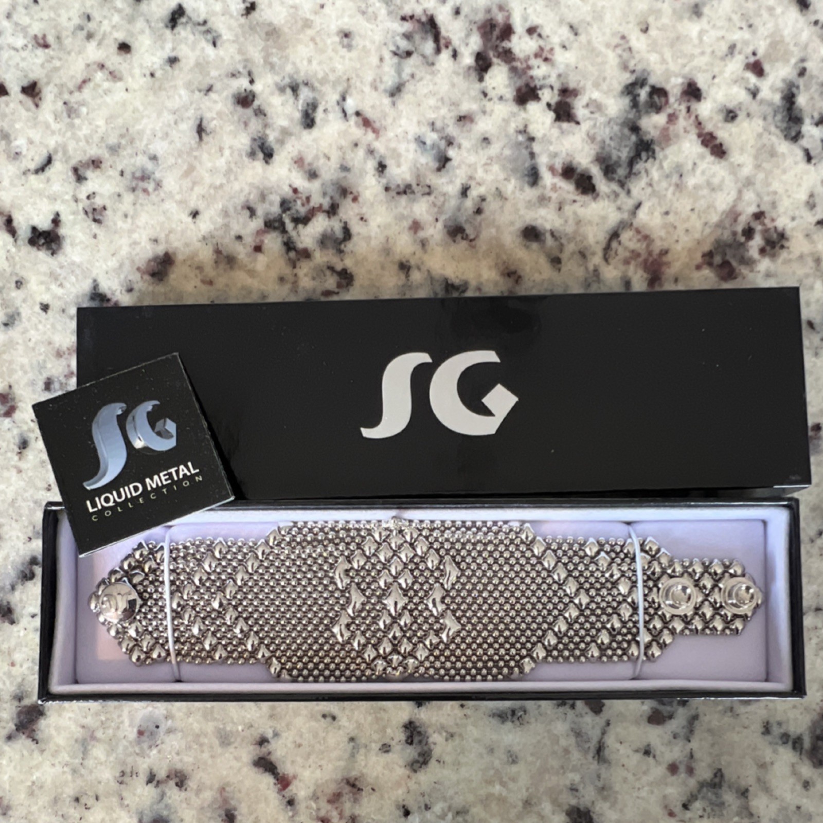 SG Liquid Metal Silver Mesh Cuff Bracelet Adjustable Snap Closure