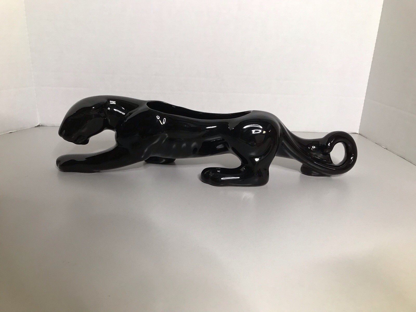 Vintage MCM 1950's Prowling Black Panther Jaguar 15” Ceramic Planter