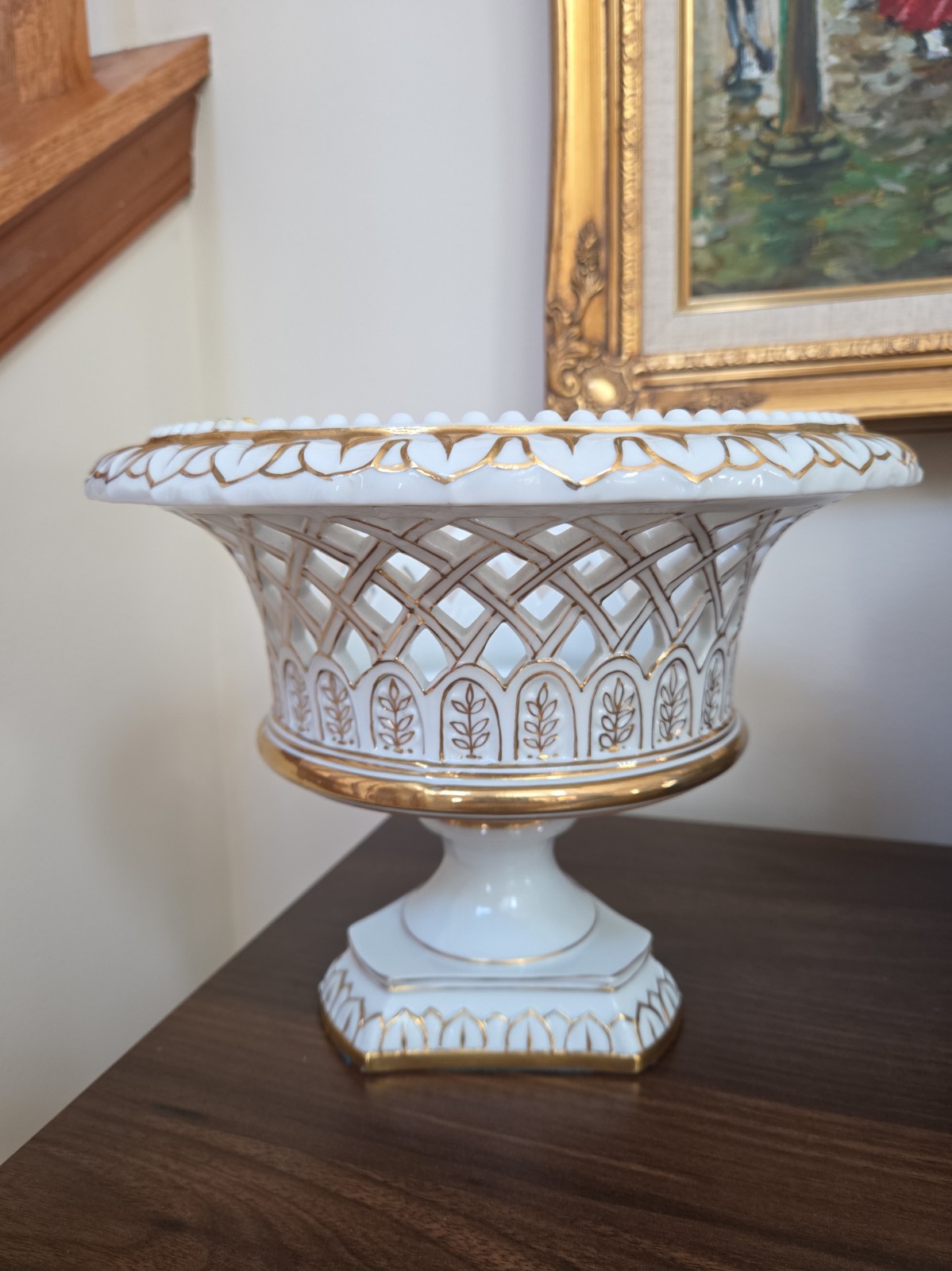 Vintage Regency Porcelain Reticulated Compote Bowl White Gold Gilt 7118