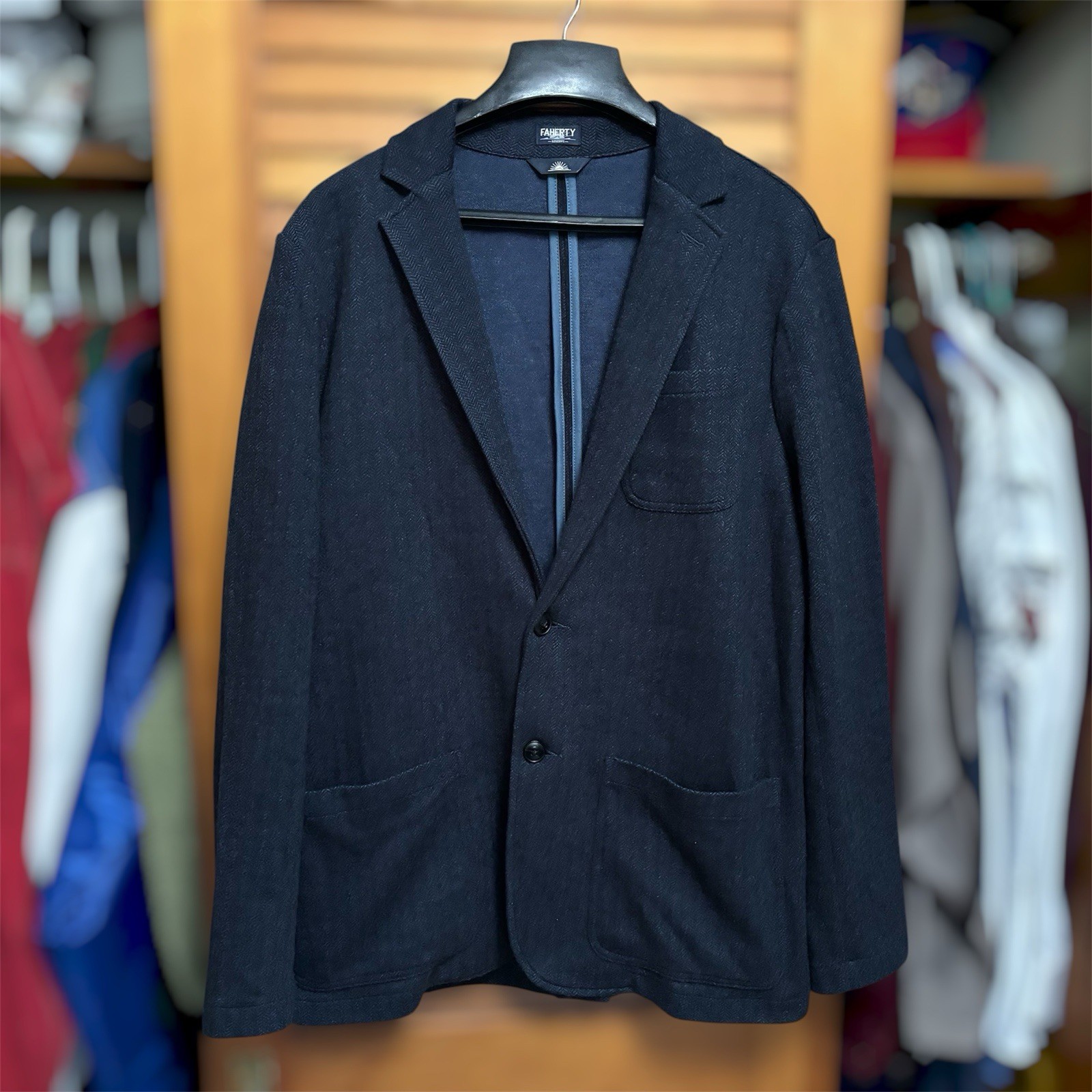 Faherty Reserve The Inlet Knit Tweed Blazer Sport Coat Navy Herringbone Large Faherty Reserve The Inlet Knit Tweed Blazer Sport Coat Navy Herringbone Large