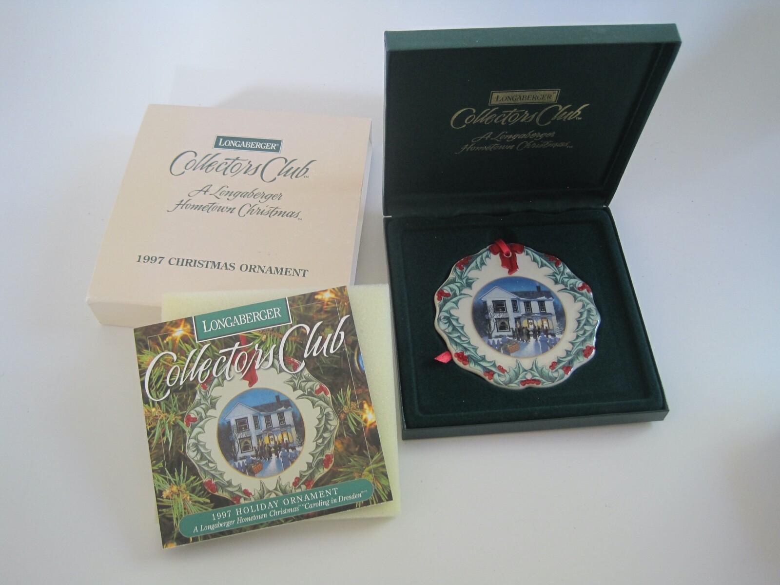 Longaberger Hometown Christmas Ornament w/ Case Flyer & Sleeve 1997 Longaberger Hometown Christmas Ornament w/ Case Flyer & Sleeve 1997