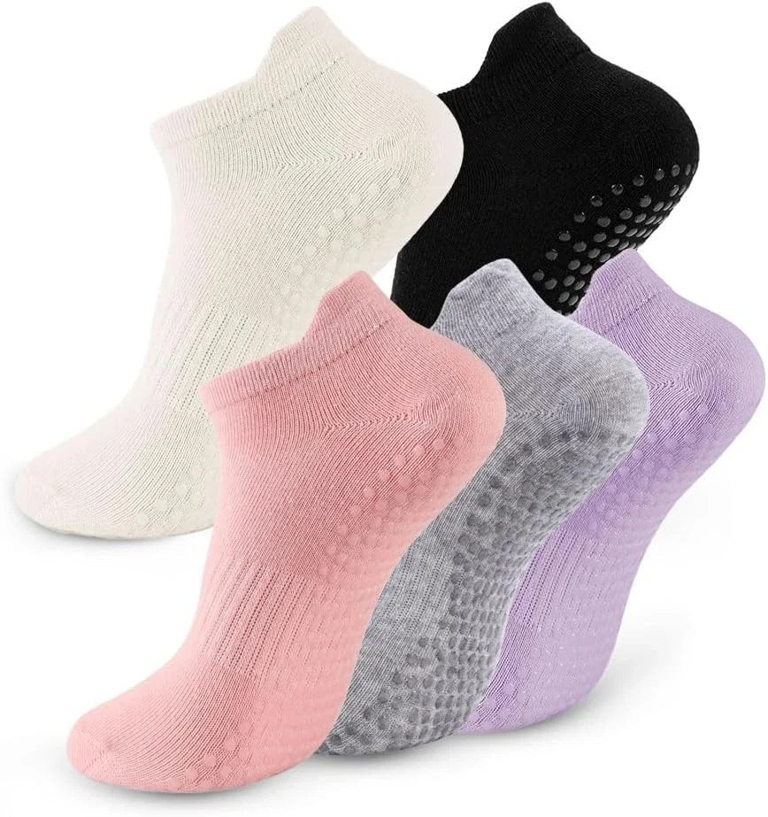 Women’s Yoga Pilates Grip Socks 5 Pack Non-Slip Crew Socks for Barre Gym