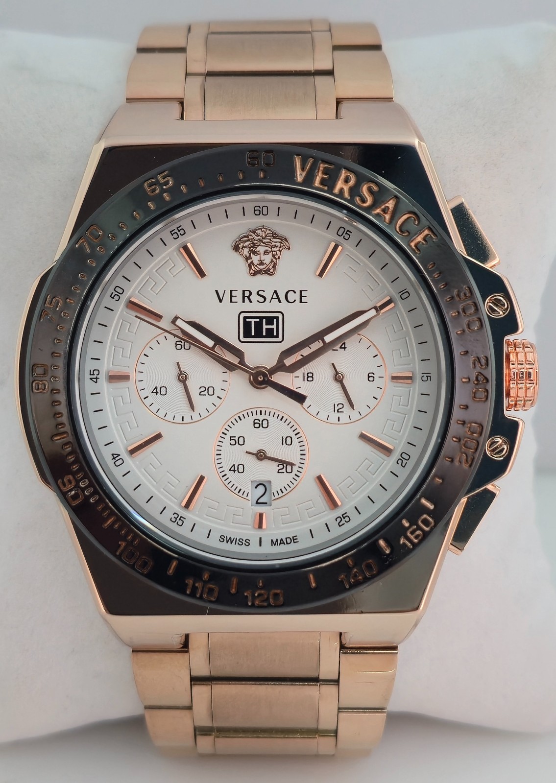 Versace Greca White Dial Pink Gold SS Bracelet With Date Quartz Men\'s Watch