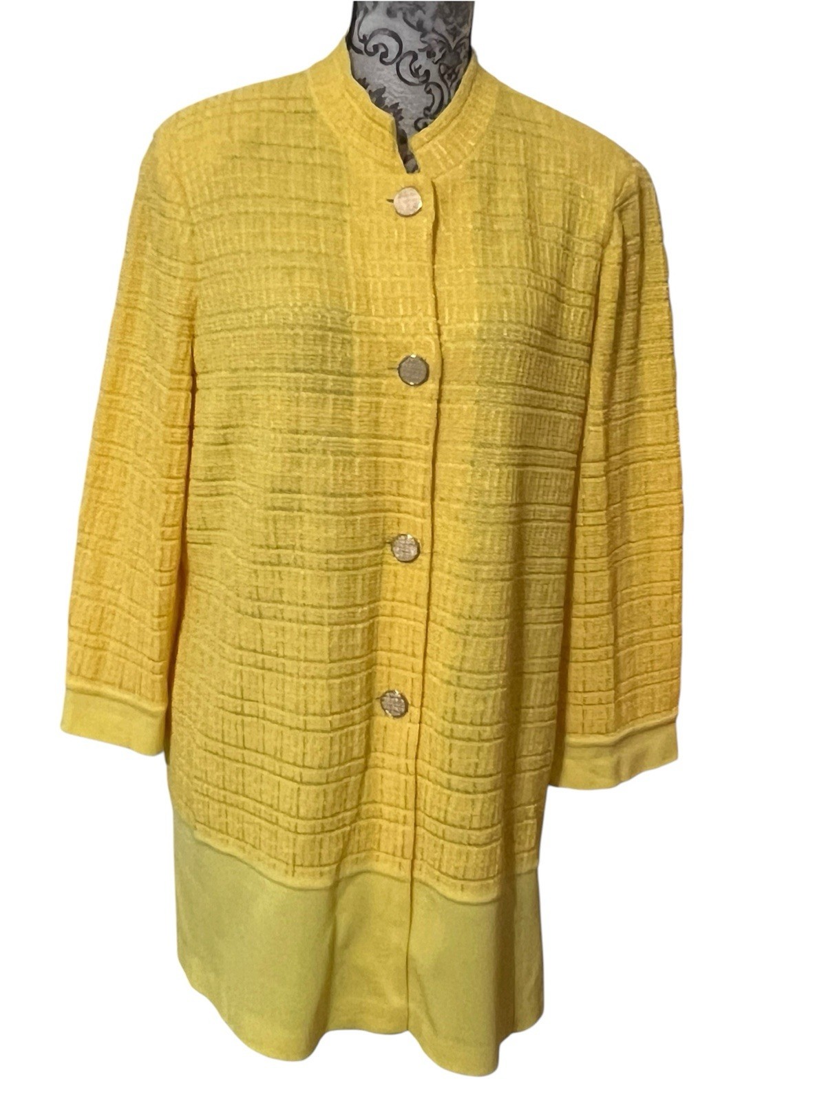 Misook Women’s L Knit Cardigan Sweater Yellow Textured Gold Button Mandarin