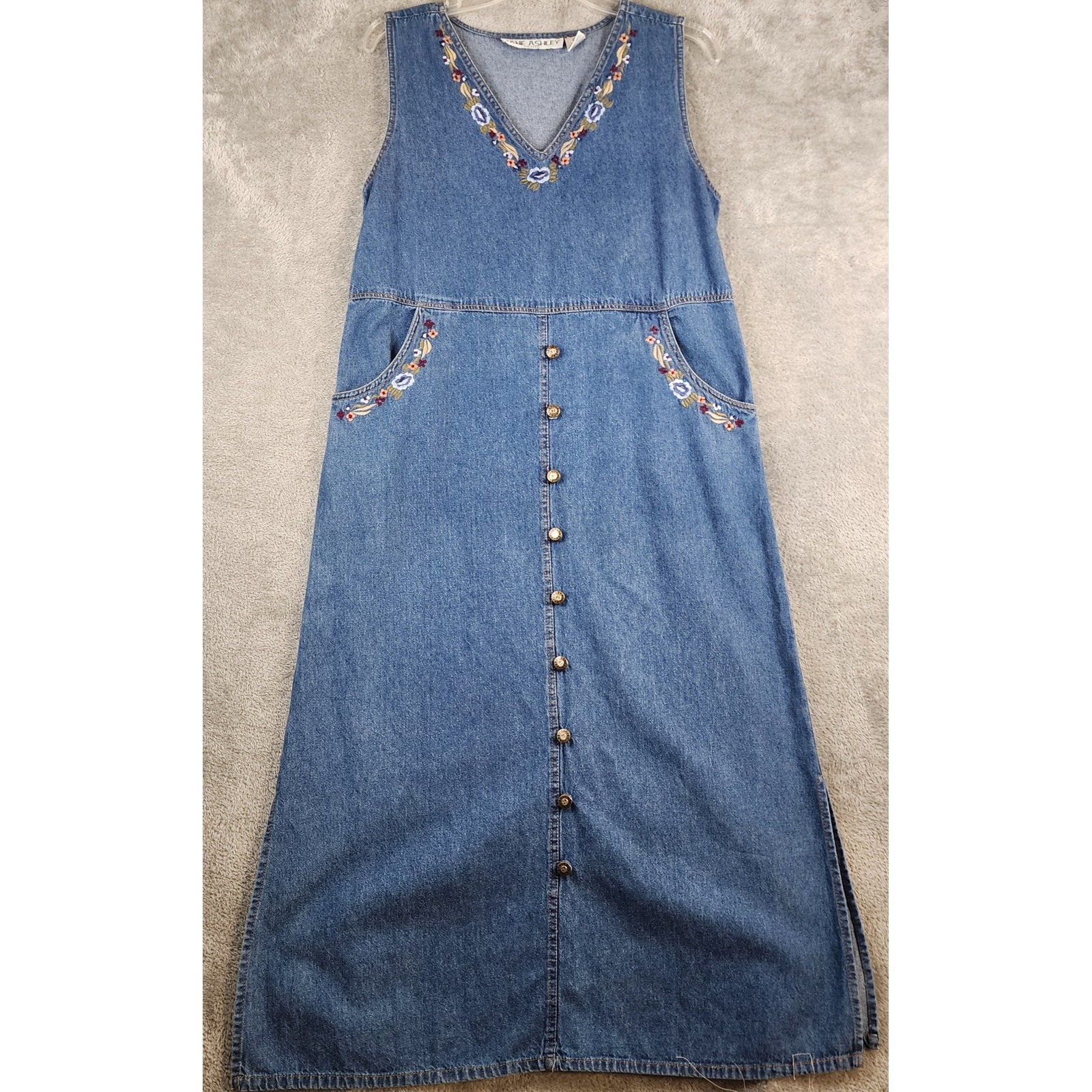 Jane Ashley Dress Womens PM Blue Denim Floral Embroidered Button Front Maxi