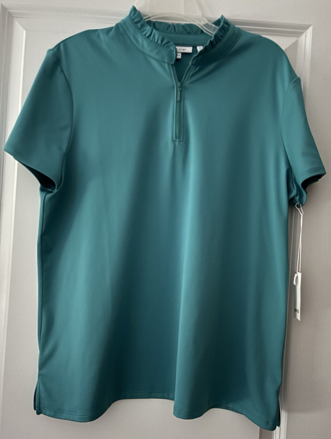 NWT Chico’s Zenergy Ruffle 1/4 Neck Zip Polo USPF +50 Top Sz 2 L 12-14Turquoise