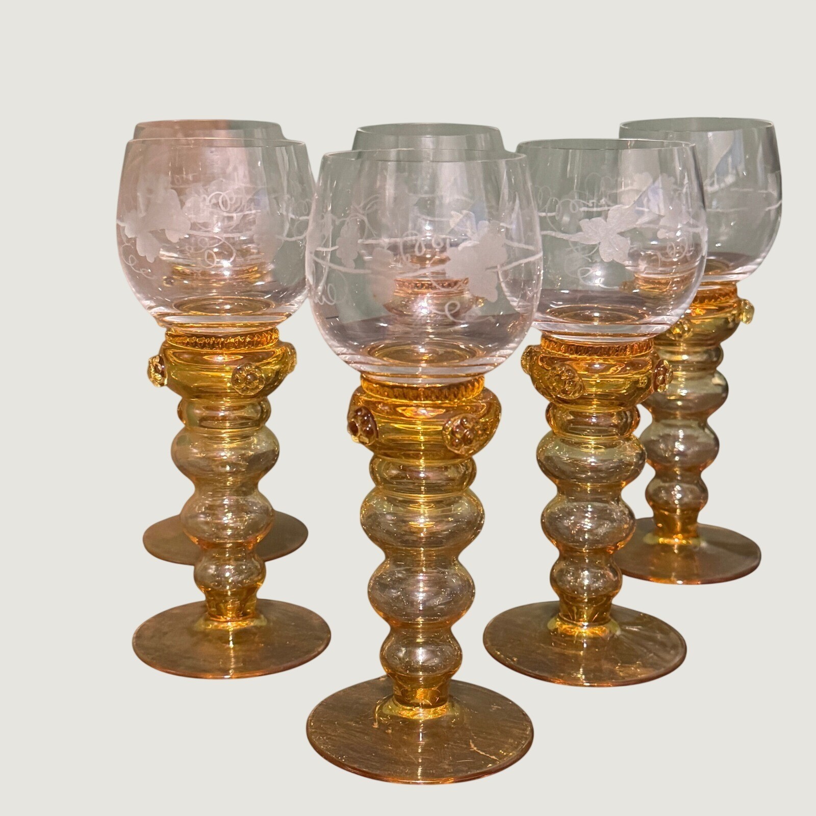 Six Vintage Etched Theresienthal Roemer Wine Glasses Amber Beehive Knob Stem Six Vintage Etched Theresienthal Roemer Wine Glasses Amber Beehive Knob Stem