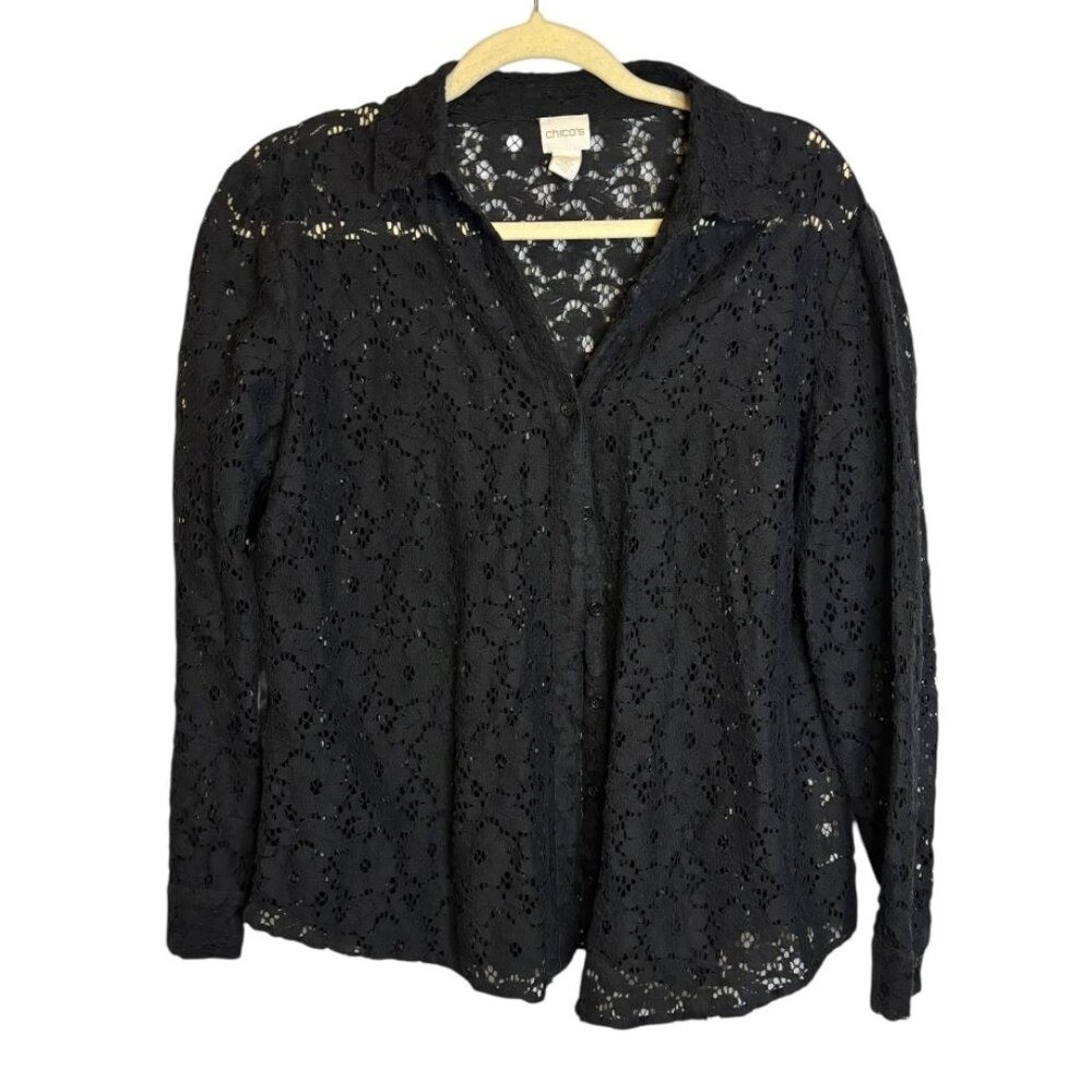 Chico\'s Blouse Women\'s Size Large Floral Eyelet Sheer Black Chicos 2 Chico\'s Blouse Women\'s Size Large Floral Eyelet Sheer Black Chicos 2