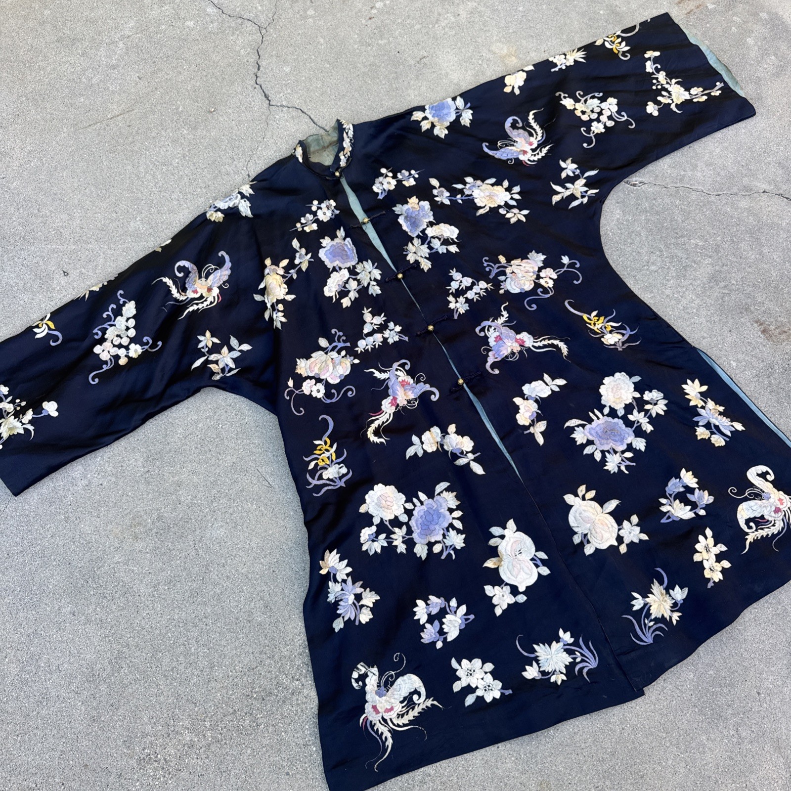 Antique Chinese Robe Qing Dynasty Blue Silk Embroidery Moths Florals Vintage
