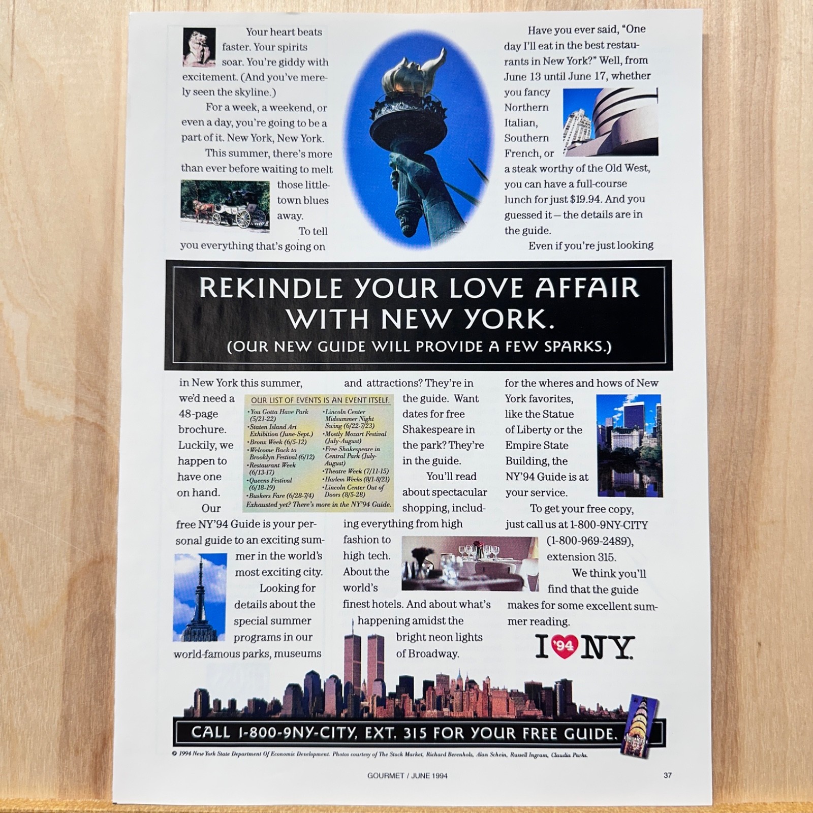 1994 New York City Tourism Vintage Print Ad I Heart NY