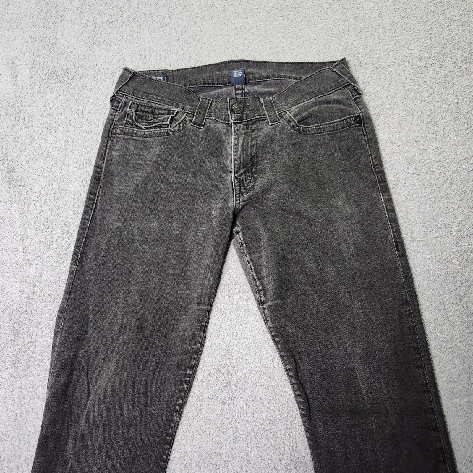 True Religion Mens 33 Ricky Relaxed Straight Jeans Black Faded Flap Pocket USA