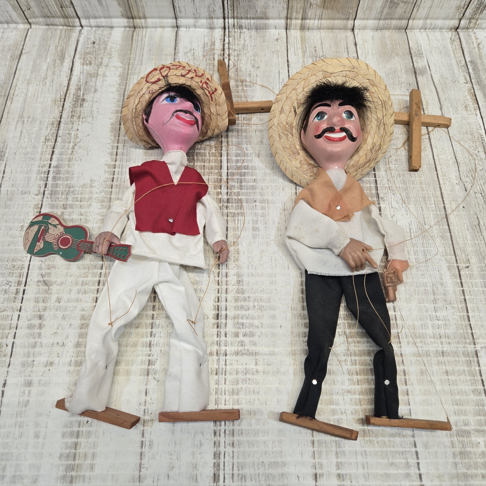 VTG Mexican Marionette String Puppets: Wooden Feet & Hands Gun Guitar Sombreros