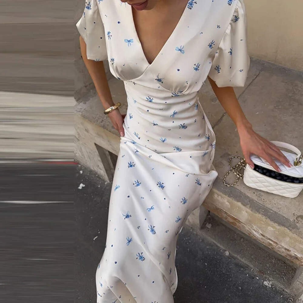 Elegant Print Women Long Dress Fashion V-neck Pleated Flutter Short Sleeve Empir