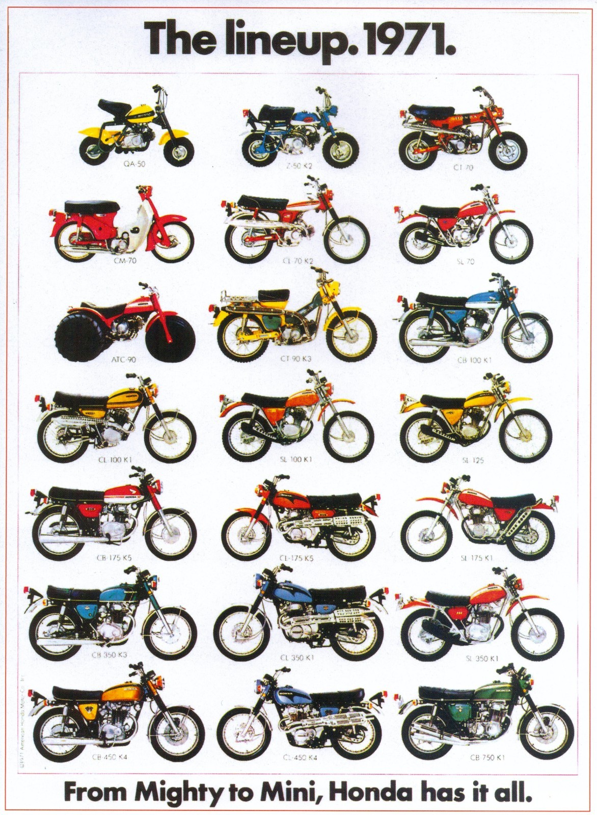 1971 HONDA MOTORCYCLE LINEUP SALES AD/ BROCHURE VINTAGE 1971 HONDA MOTORCYCLE LINEUP SALES AD/ BROCHURE VINTAGE
