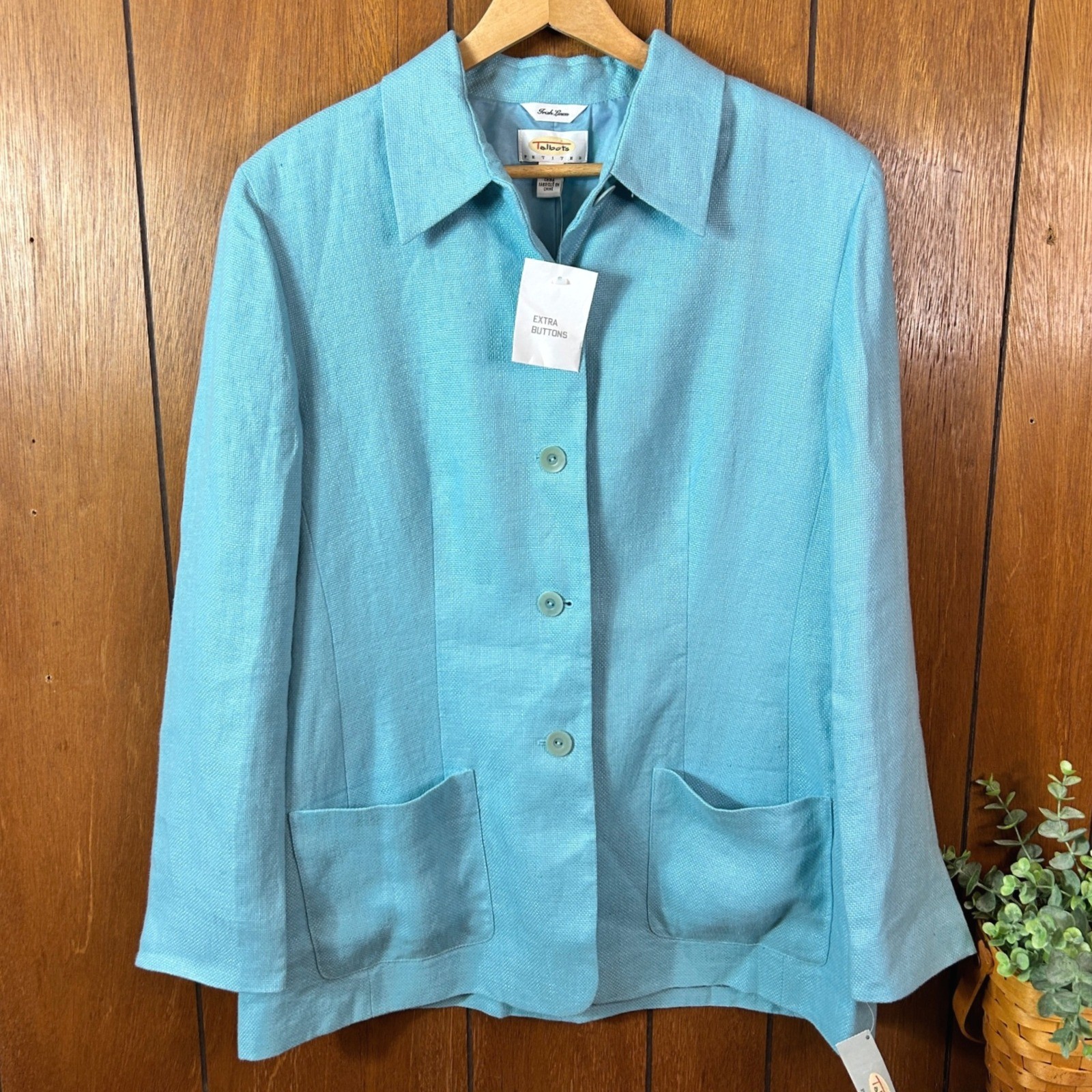 Vintage Talbots Petites Irish Linen Blazer Jacket Blue Button Front Pockets NWT