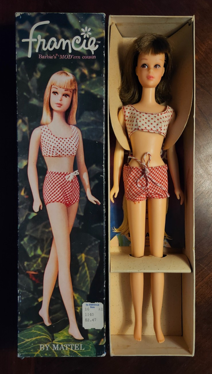 Vintage Straight Leg Francie Doll #1140 W/Box Stand Booklet & Shoes 1965 Mattel