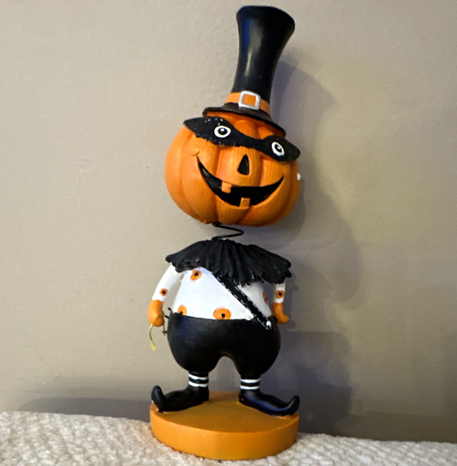 Halloween Seasonal Pumpkin Head Figurine with Top Hat, Freestanding Orange/Black Halloween Seasonal Pumpkin Head Figurine with Top Hat, Freestanding Orange/Black