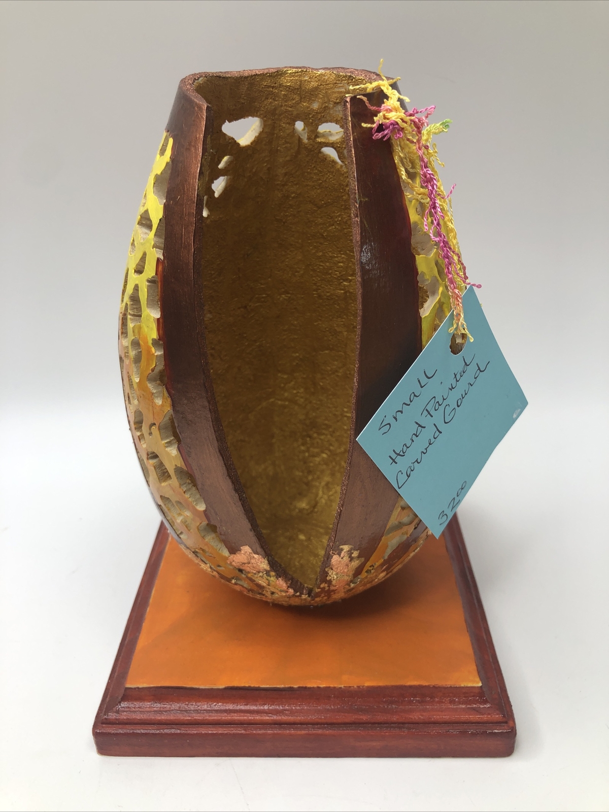 Hand Carved Orange Gold Painted Gourd Bowl Artist Signed Linda Pillar Native Art