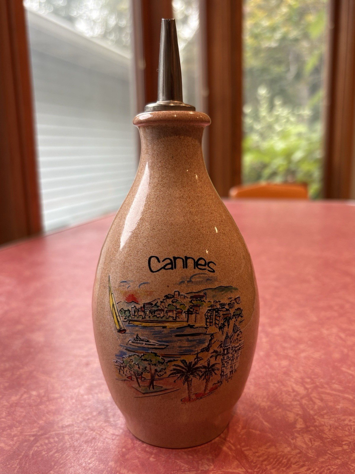 VTG French Pottery Cannes Oil Dispenser Bottle Cruet Hand Painted Stoneware 70s