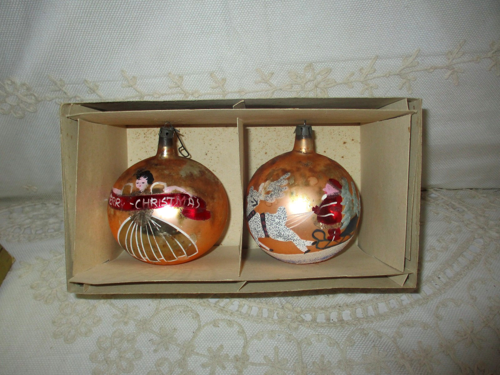 VTG Poland PR Christmas Jumbo Ornaments Santa Reindeer Angel Mica Glitter~Boxed~ VTG Poland PR Christmas Jumbo Ornaments Santa Reindeer Angel Mica Glitter~Boxed~