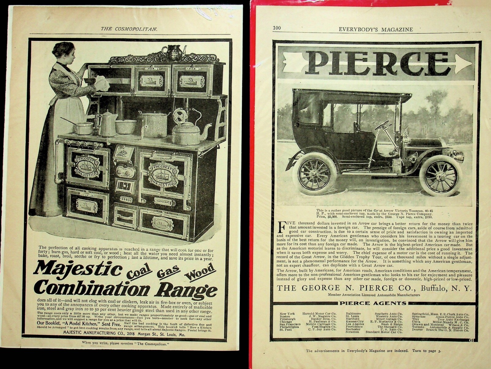 TWO VINTAGE ADS~QUAKER OATS~ PIERCE ARROW AND MAJESTIC RANGE - E16-H TWO VINTAGE ADS~QUAKER OATS~ PIERCE ARROW AND MAJESTIC RANGE - E16-H