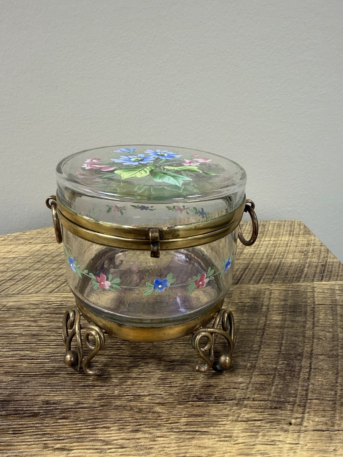 Antique Victorian Enameled Glass Dresser Box Brass Footed Jewelry Casket C.1890 Antique Victorian Enameled Glass Dresser Box Brass Footed Jewelry Casket C.1890