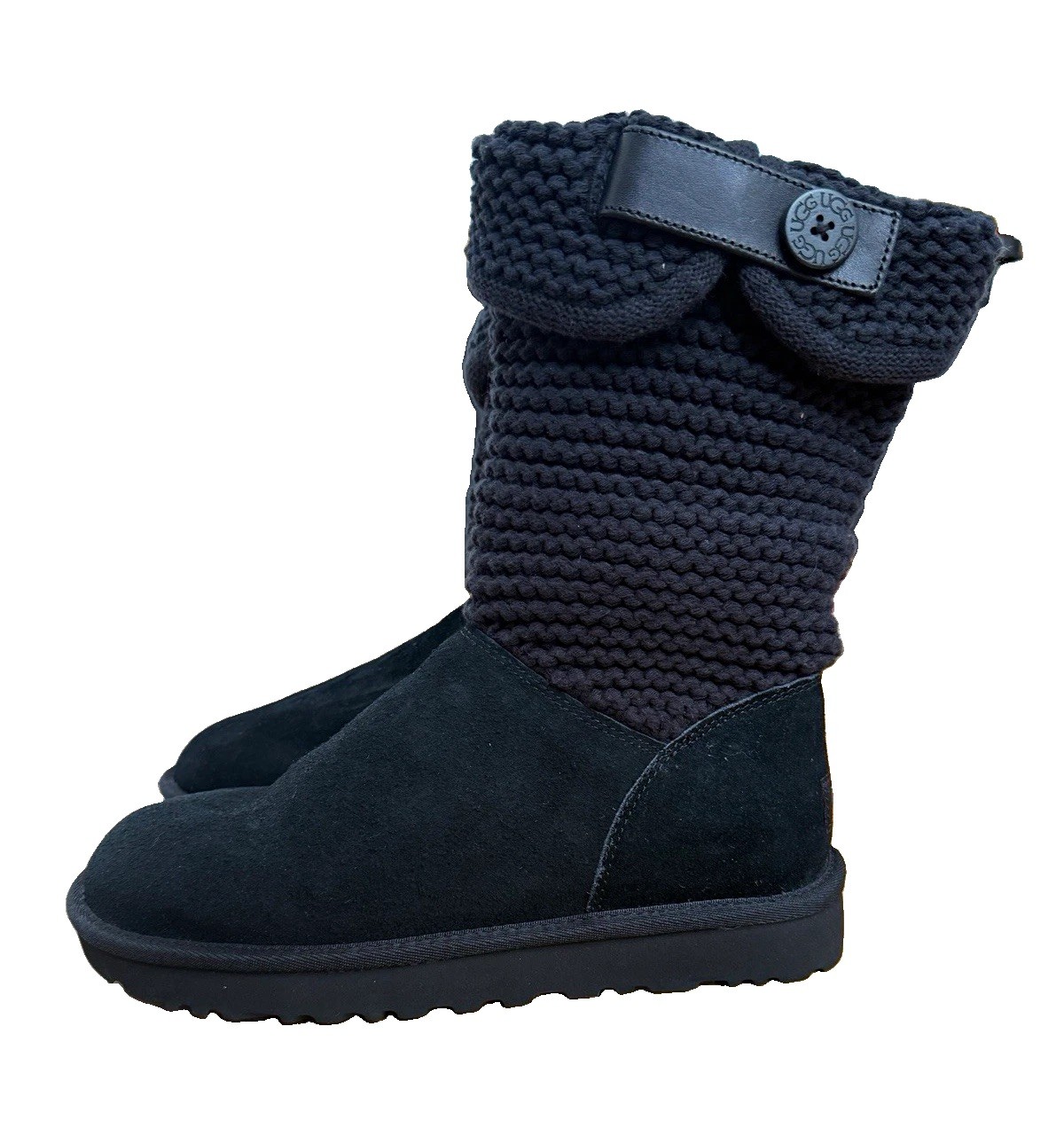 UGG Shaina Black Suede Knit Mid-Calf Boots Button Comfort US 8 EU 39 NOS NWOB