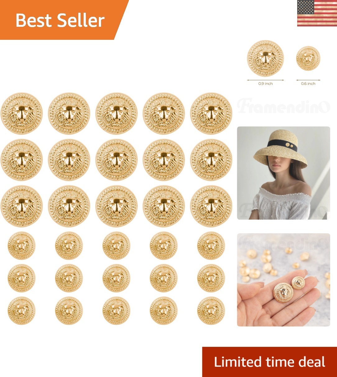 30 Heavy-weight Vintage Gold Lion Head Buttons - Unique Metal Craft Supplies