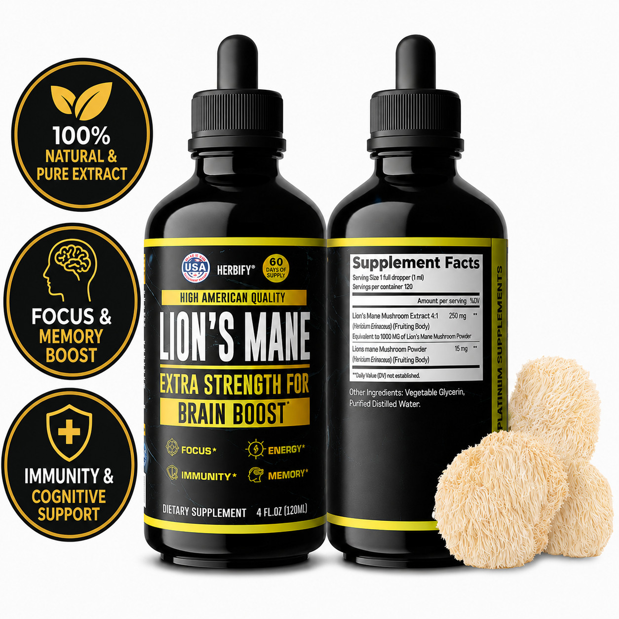 Lions Mane Mushroom Liquid Extract 4oz Tincture Herbal Drops Focus Brain Memory