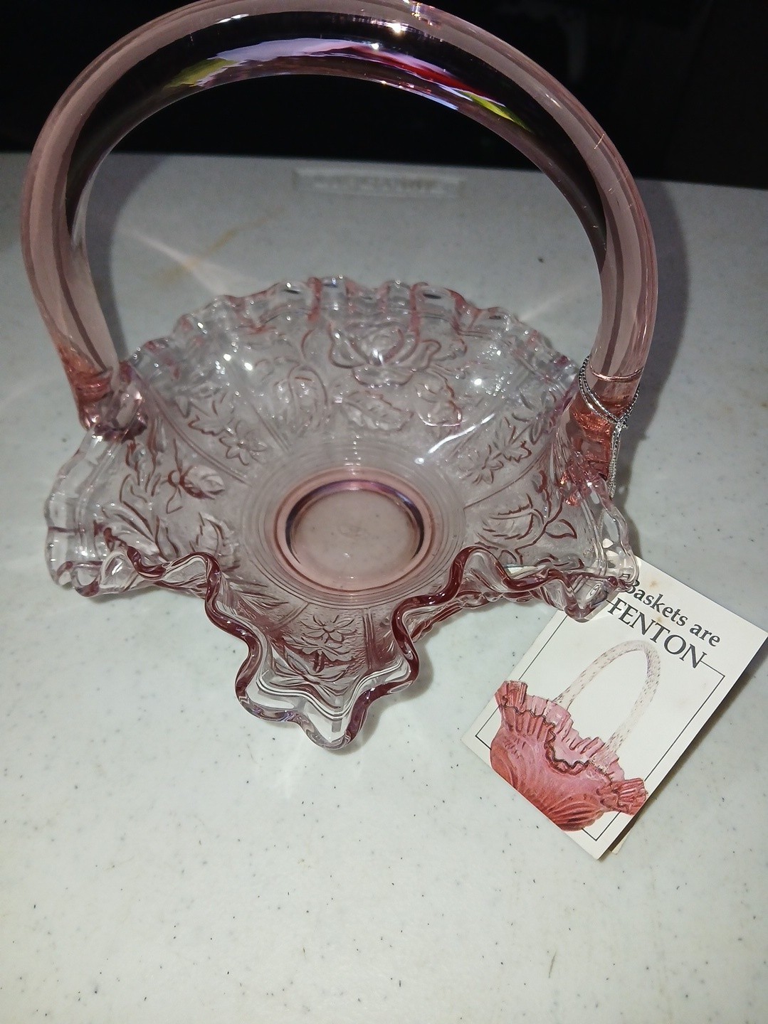 Vintage FENTON Low Pink Basket W/ Floral Design. 1990\'s. Vintage FENTON Low Pink Basket W/ Floral Design. 1990\'s.