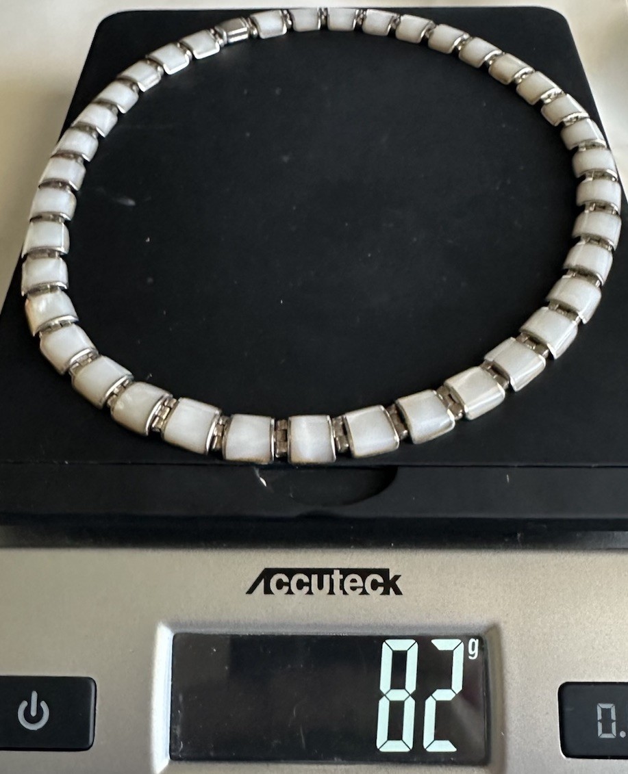 Vintage 950 Silver Mexico MOP Square Cabochon Hinged Statement Necklace 82 Grams Vintage 950 Silver Mexico MOP Square Cabochon Hinged Statement Necklace 82 Grams