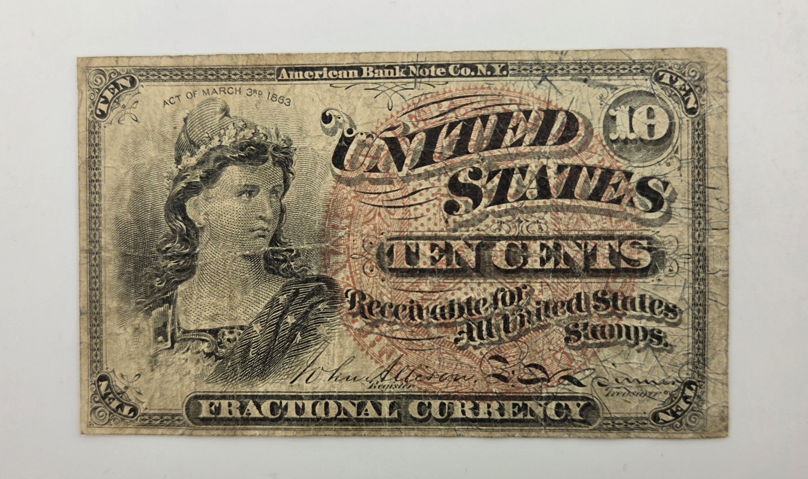 --- NICE --- 1863 4th Issue 10 Cents Fractional Currency Circulated US OLD MONEY