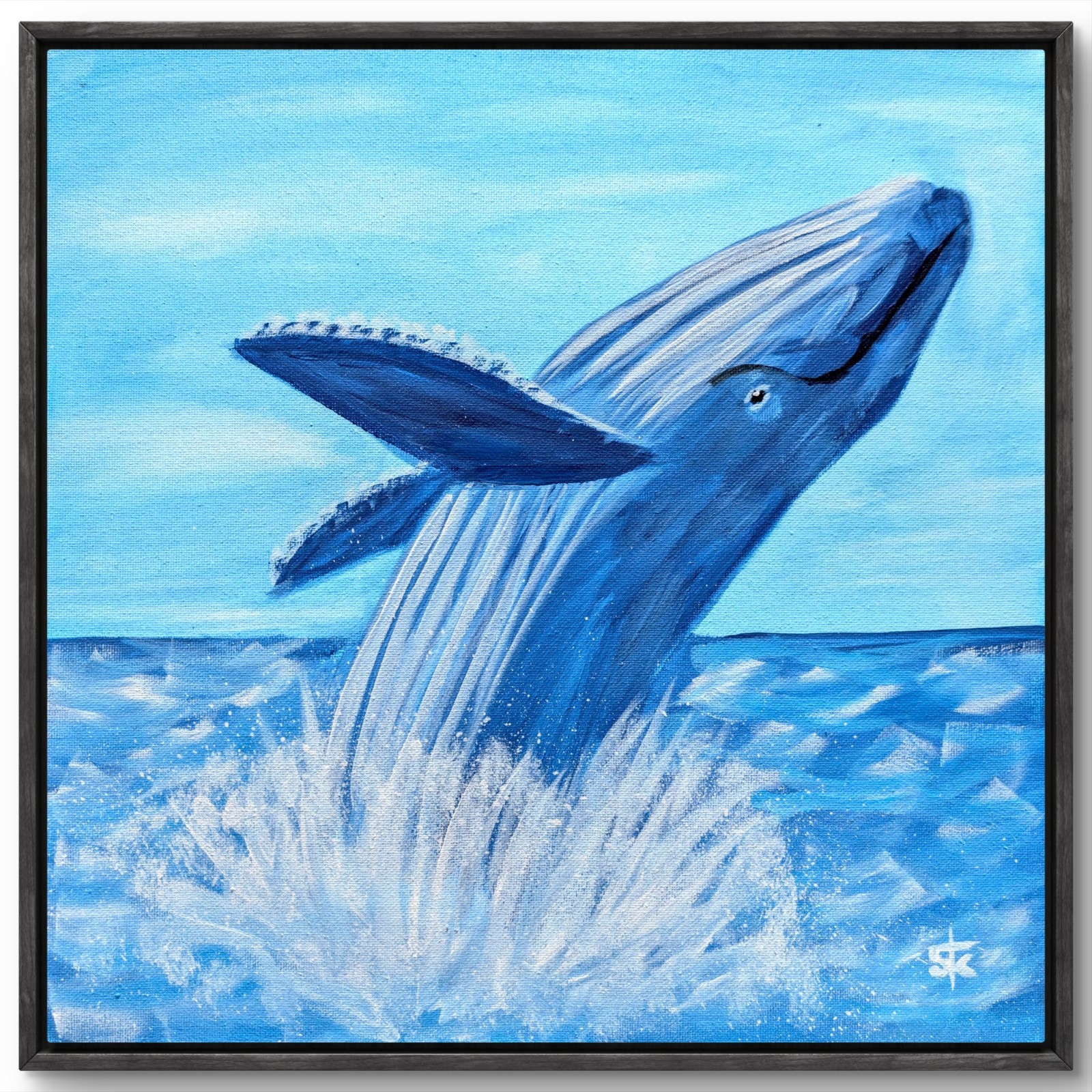 Original 14x14 Seascape Blue Whale Breaching Canvas Acrylic Impressionist