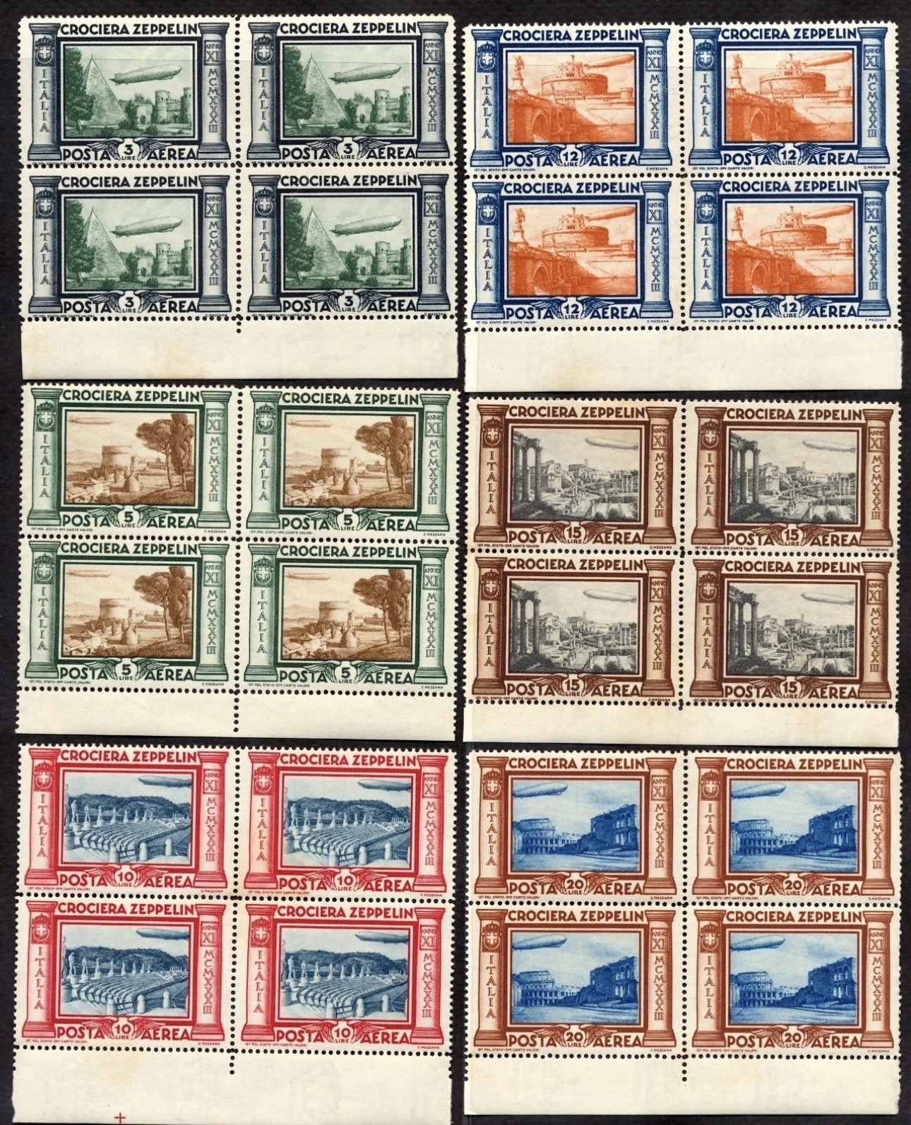 ITALY 1933 GRAFT ZEPPELIN FULL SET BLOCKS X4MMH, Scarce Rare set CV Over £1000