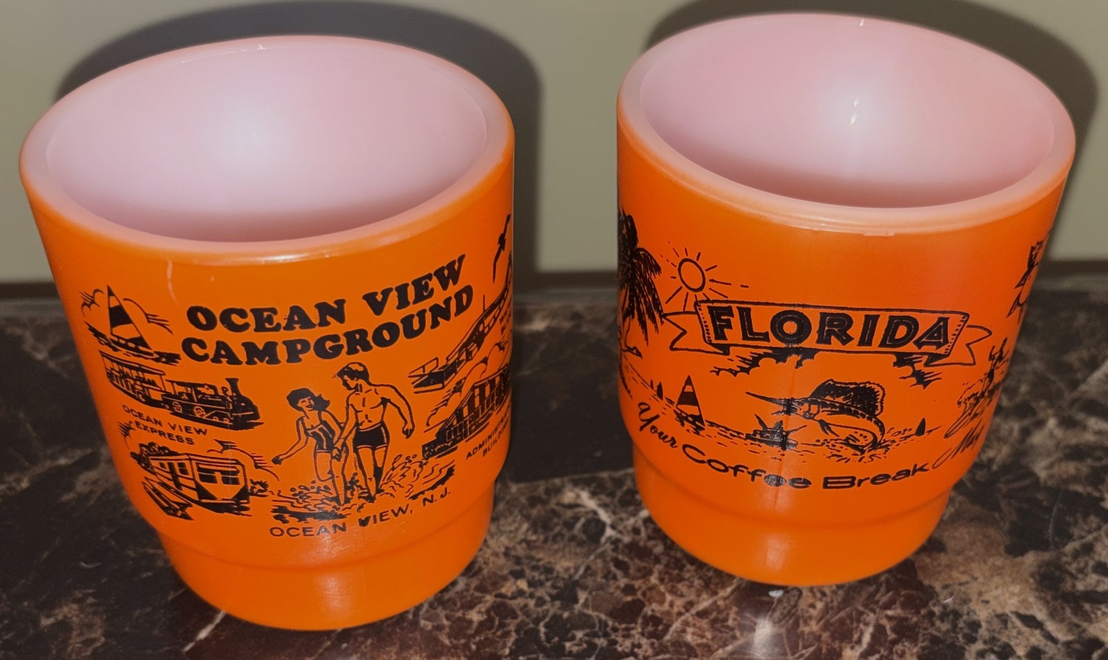 2 Vtg Anchor Hocking Souvenir Orange Mugs~Ocean View Campground NJ~Florida
