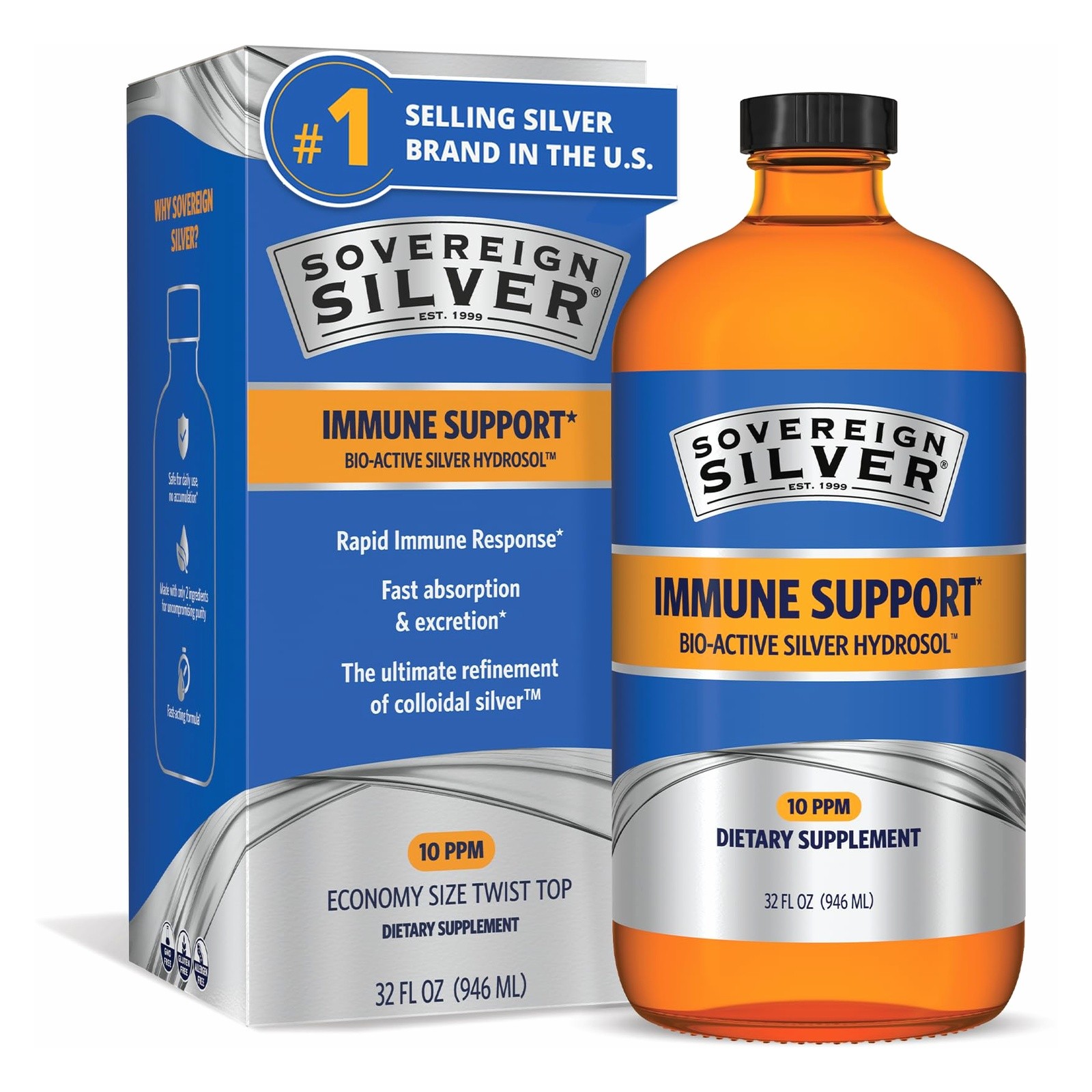 Sovereign Silver Immune Support 10 ppm Liquid Hydrosol 32 oz
