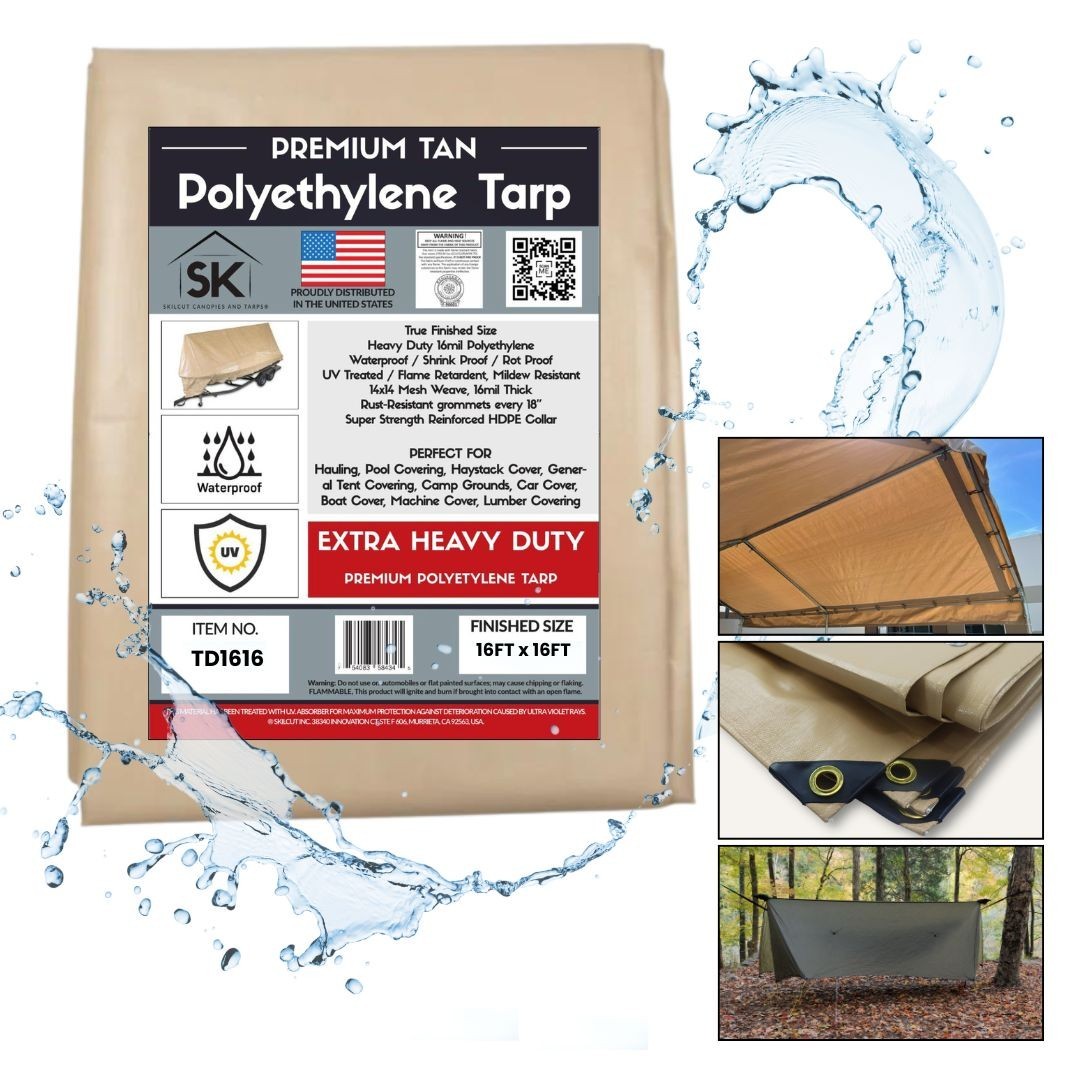 16\' X 16\' TAN BEIGE PREMIUM 16 MIL EXTREME DUTY POLY TARP TRUE FINISHED SIZE