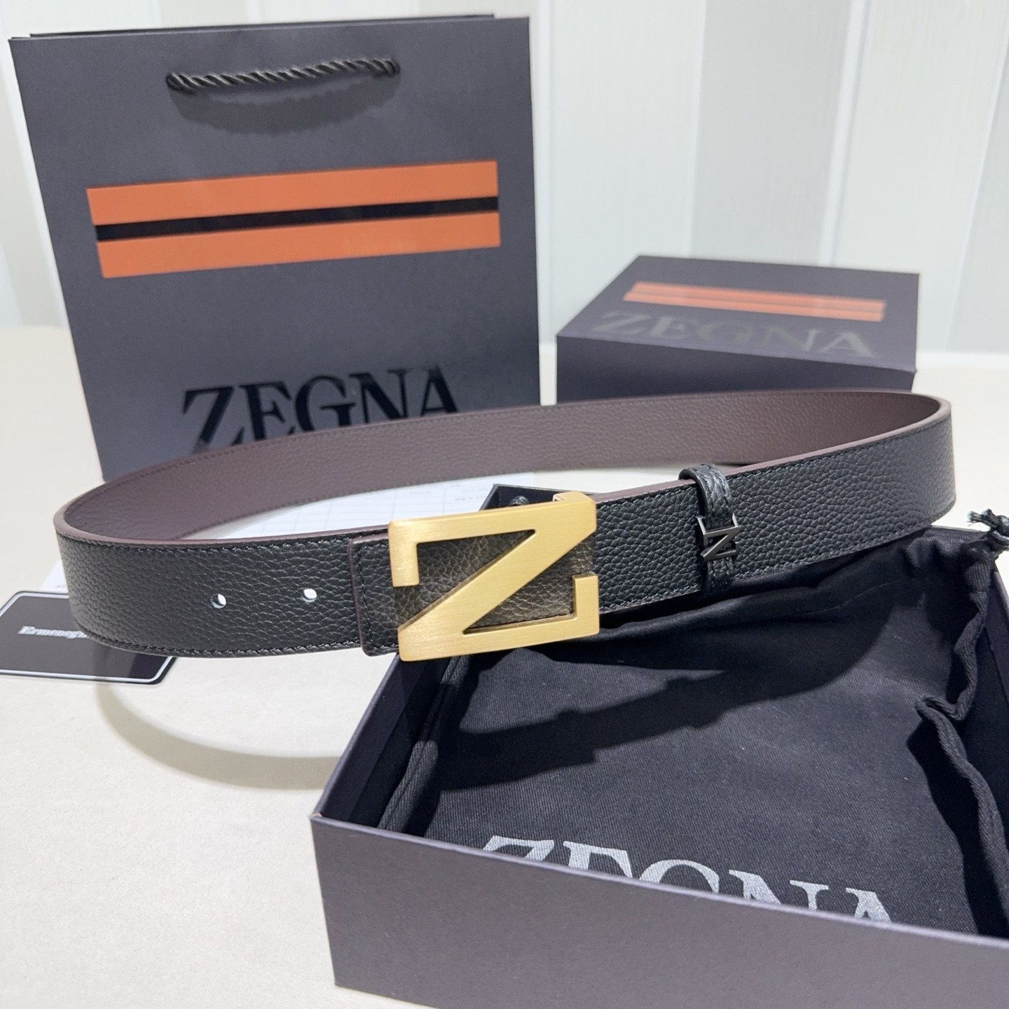 Zegna Men\'s Reversible Leather Belt Black Brown Gold Z Buckle 3.4cm Zegna Men\'s Reversible Leather Belt Black Brown Gold Z Buckle 3.4cm