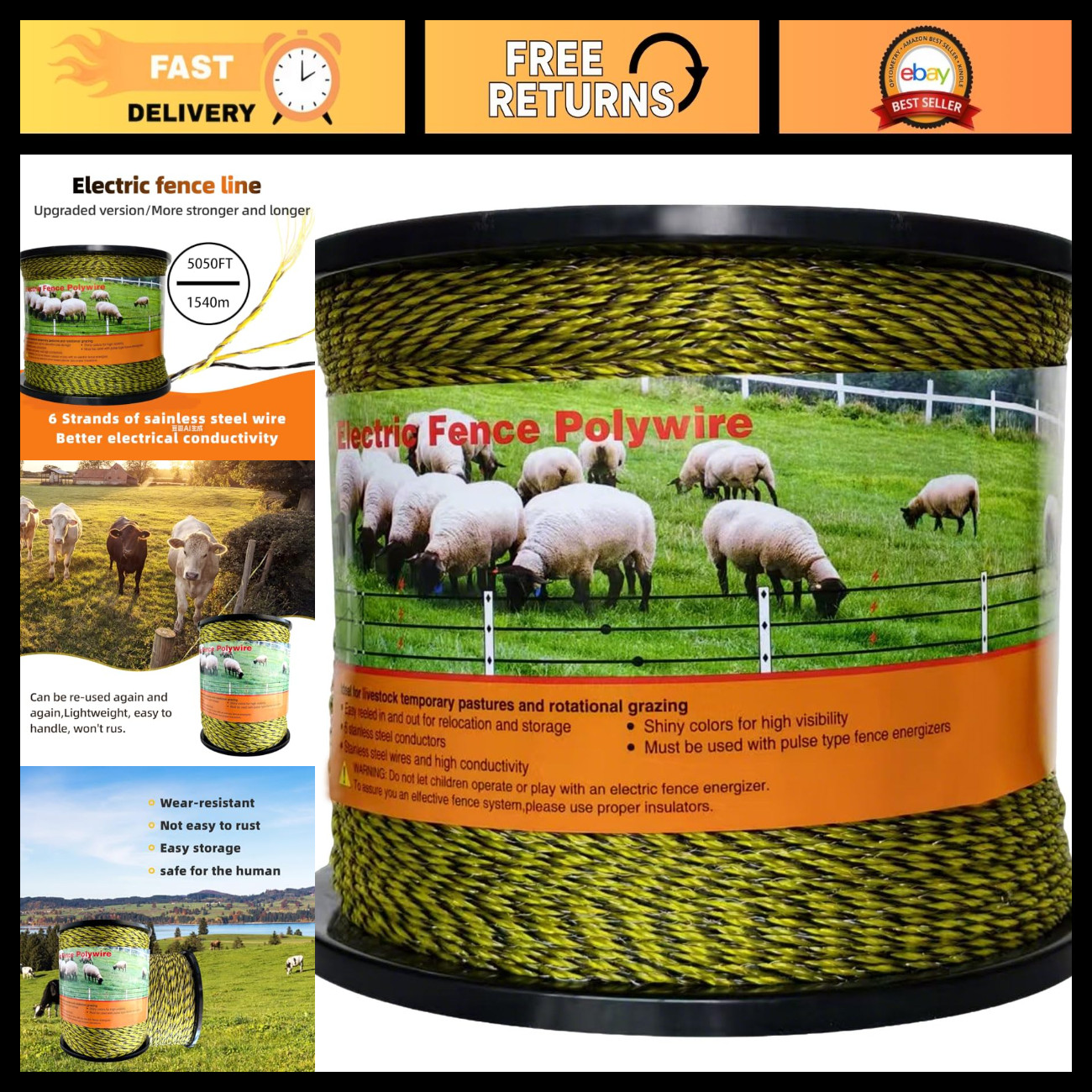 Upgraded Electric Fence Polywire 5050ft - 6 Stainless Steel Strands, Rust-Resist