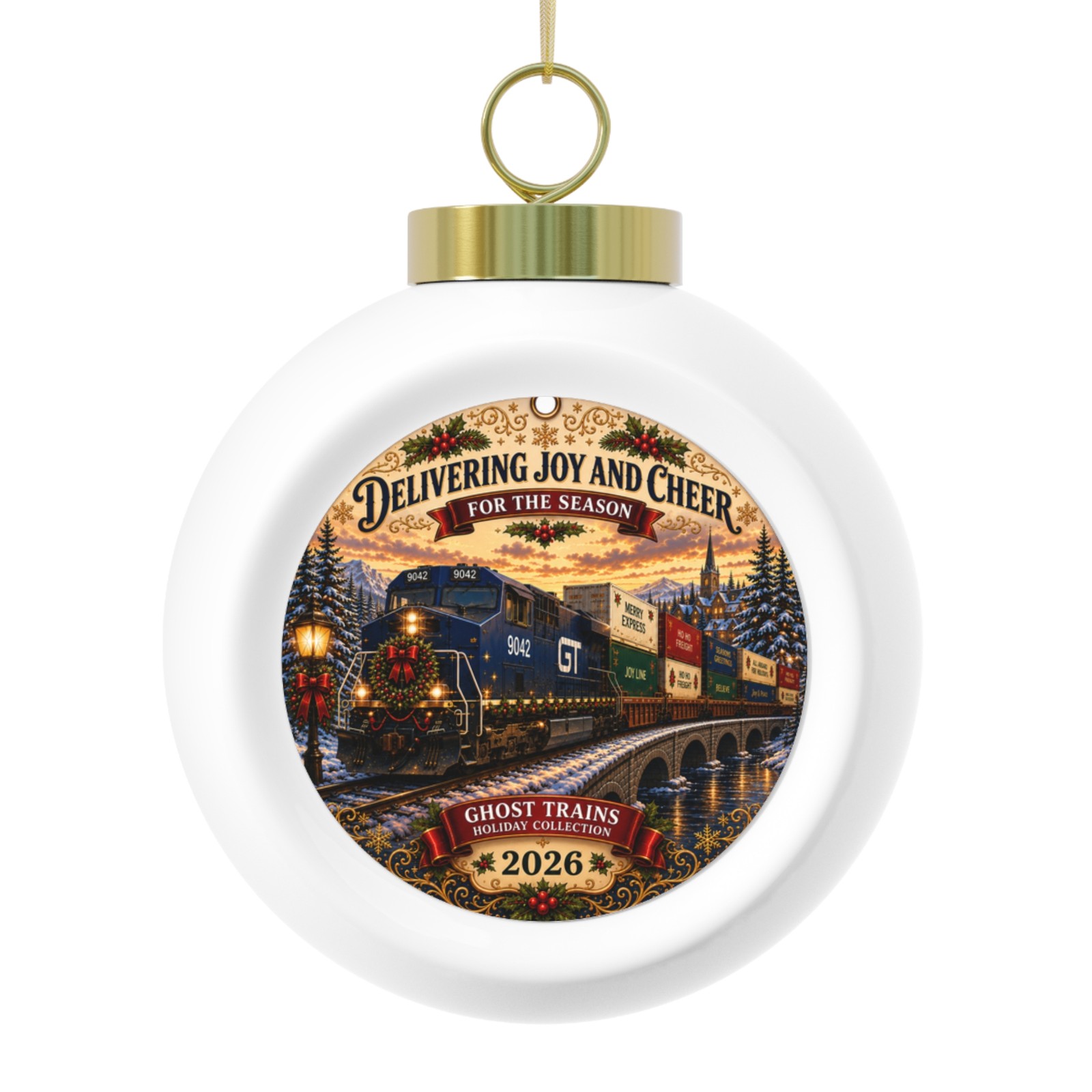 Holiday Train Vintage Illustration Christmas Ball Ornament 2026 Merry Christmas