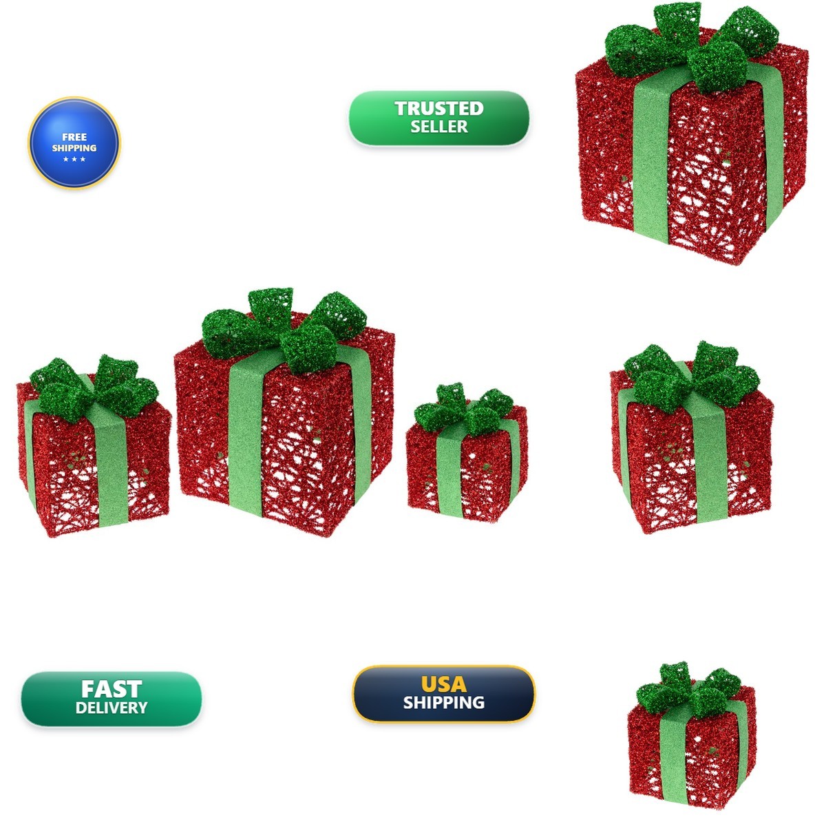 Boston International Christmas Gift Boxes Decoration - 3 Sizes - Red & Green Boston International Christmas Gift Boxes Decoration - 3 Sizes - Red & Green