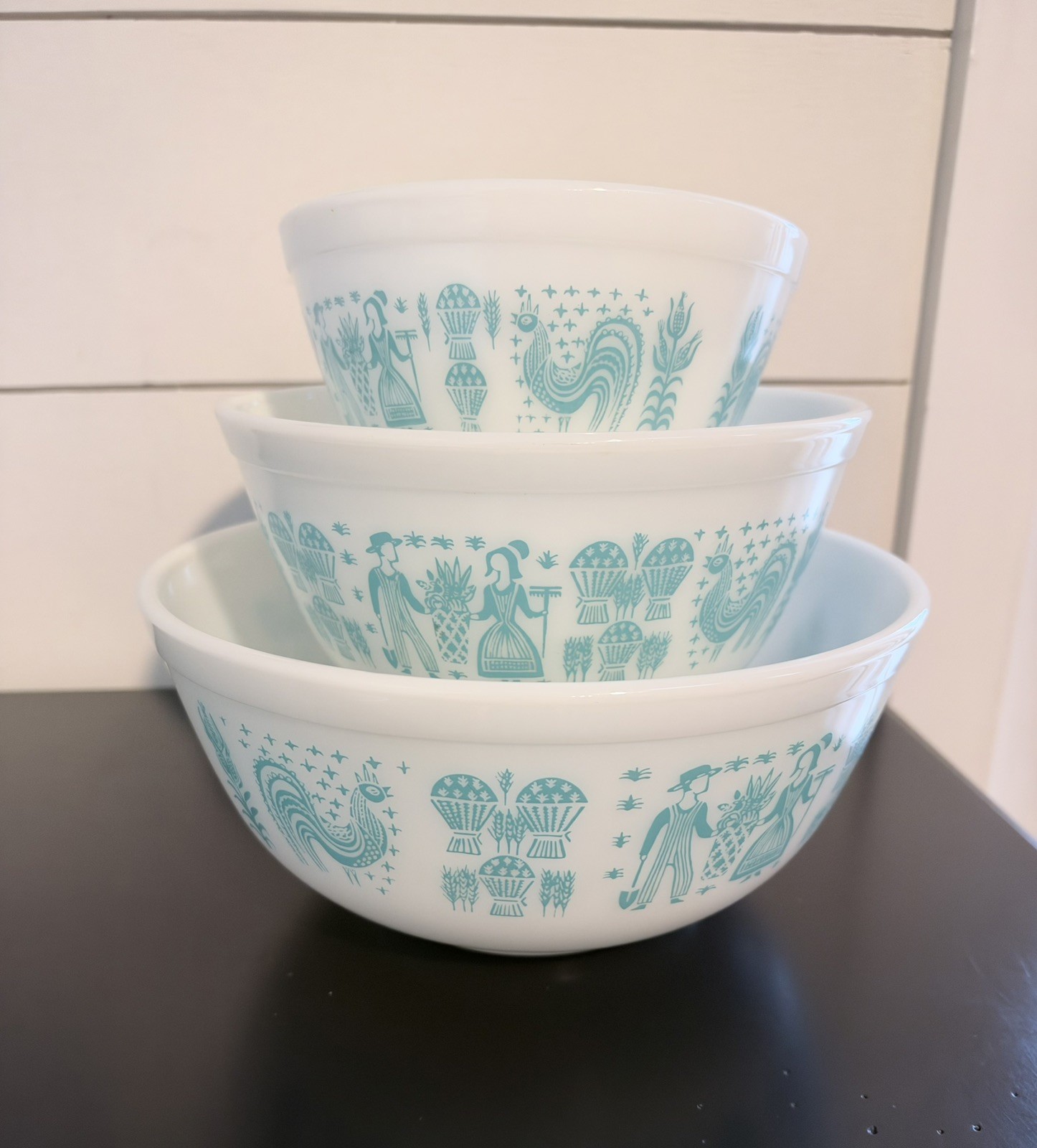 Vintage Set 3 PYREX Amish Butterprint Turquoise Nesting Mixing Bowls 401 402 403