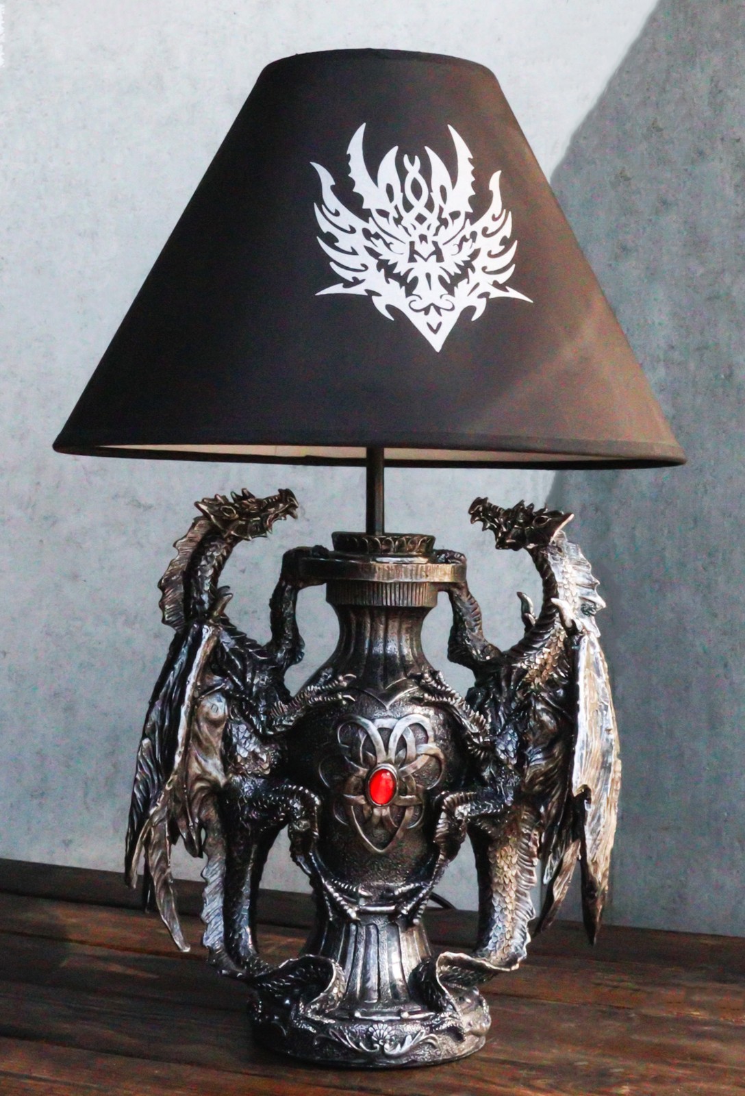 Ebros Gothic Climbing Dual Dragon Desktop Table Lamp Statue Decor & Shade 19