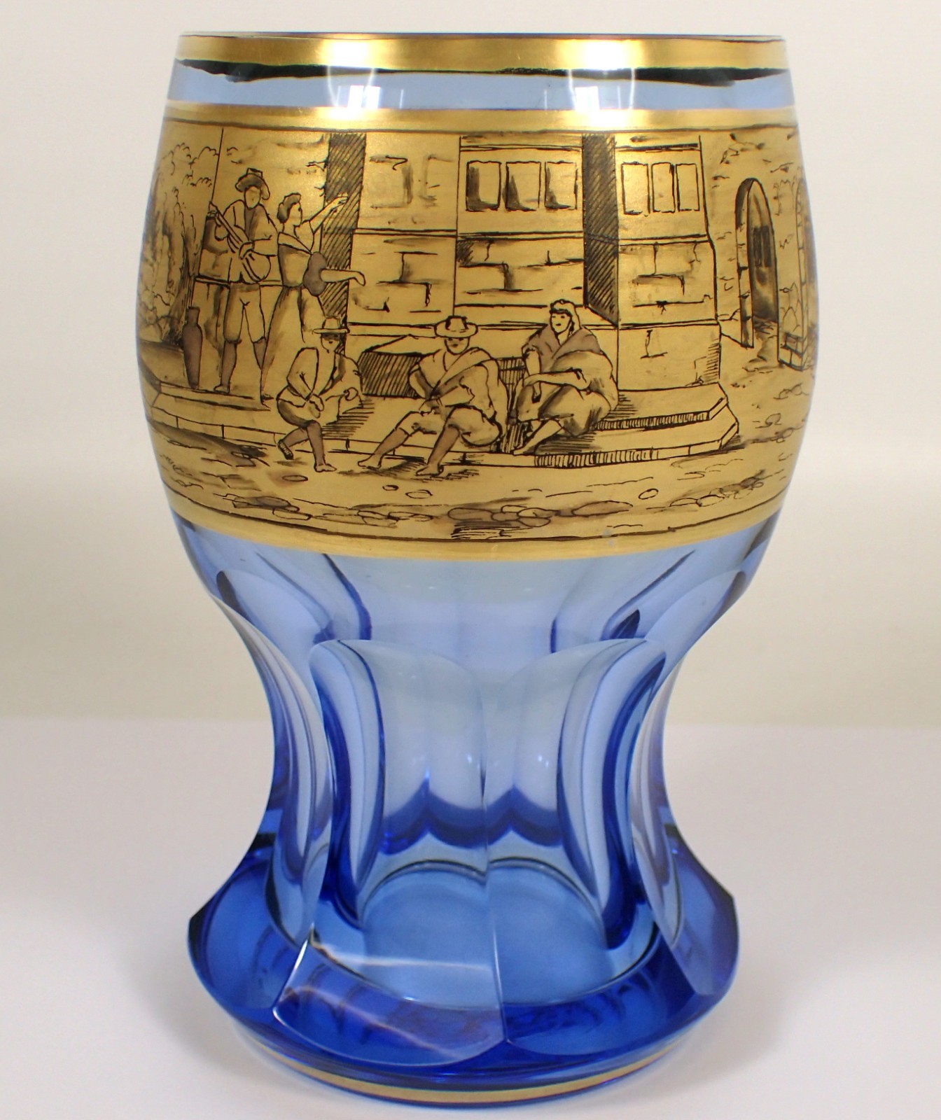 Antique Bohemian Hand Pen Sketch Village Faceted Blue Satin Glass Vase Tumbler