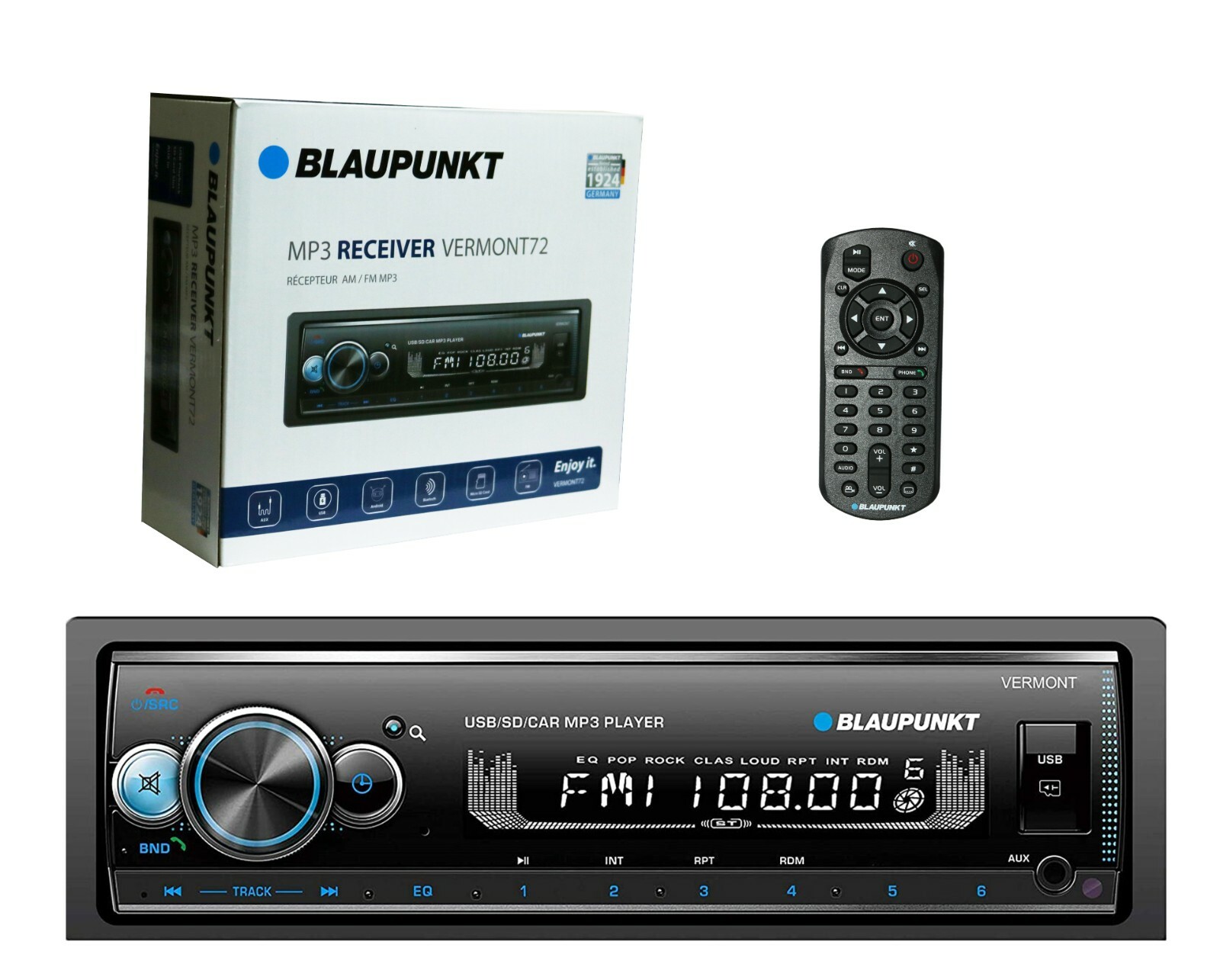 Blaupunkt VERMONT 72 Single Din Mechless Bluetooth Receiver w/ USB/AUX/SD/SD